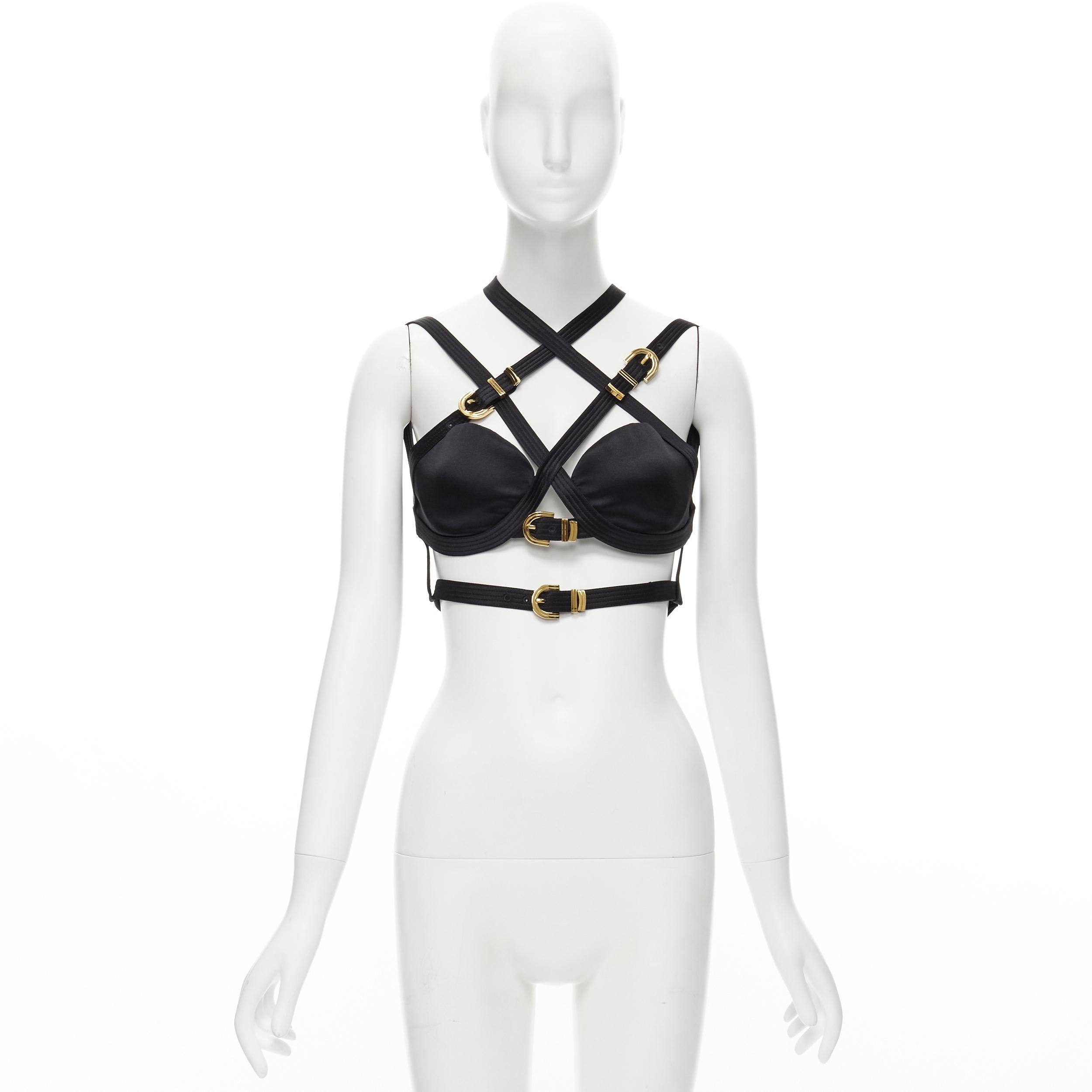Gray new VERSACE 2019 Runway S&M Bondage black crystal silk gold buckle bra FR40 L