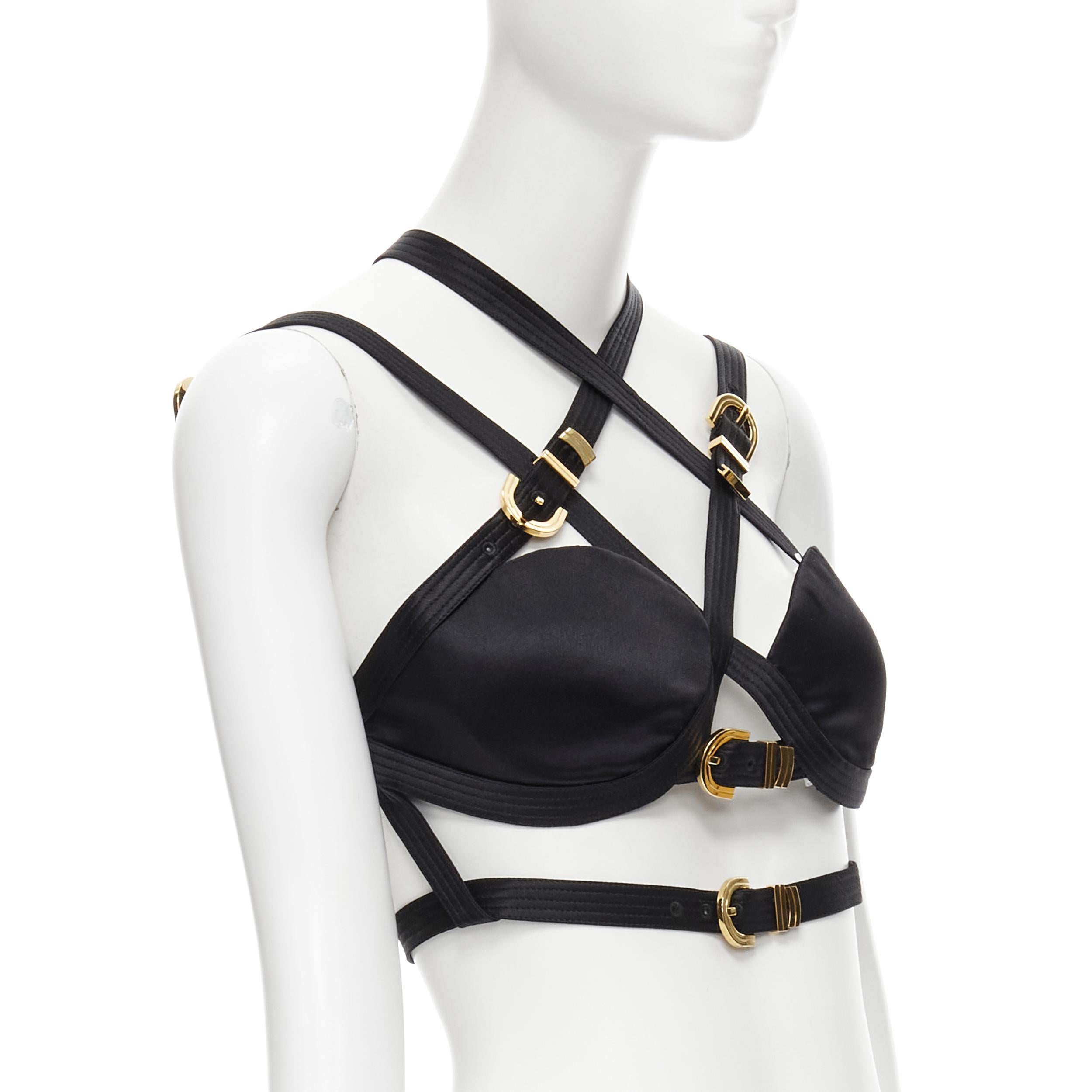 new VERSACE 2019 Runway S&M Bondage black crystal silk gold buckle bra FR40 L In New Condition In Hong Kong, NT