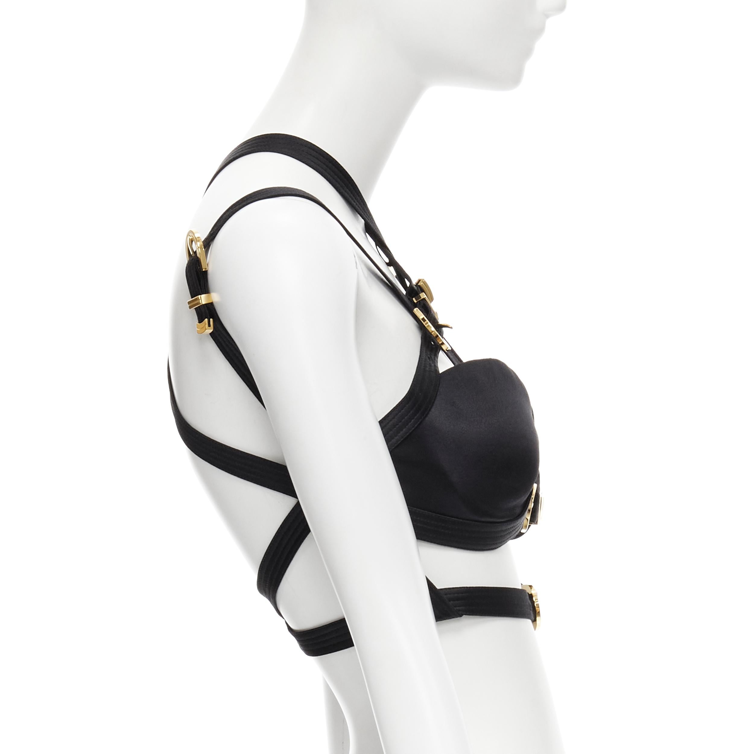 Women's new VERSACE 2019 Runway S&M Bondage black crystal silk gold buckle bra FR40 L
