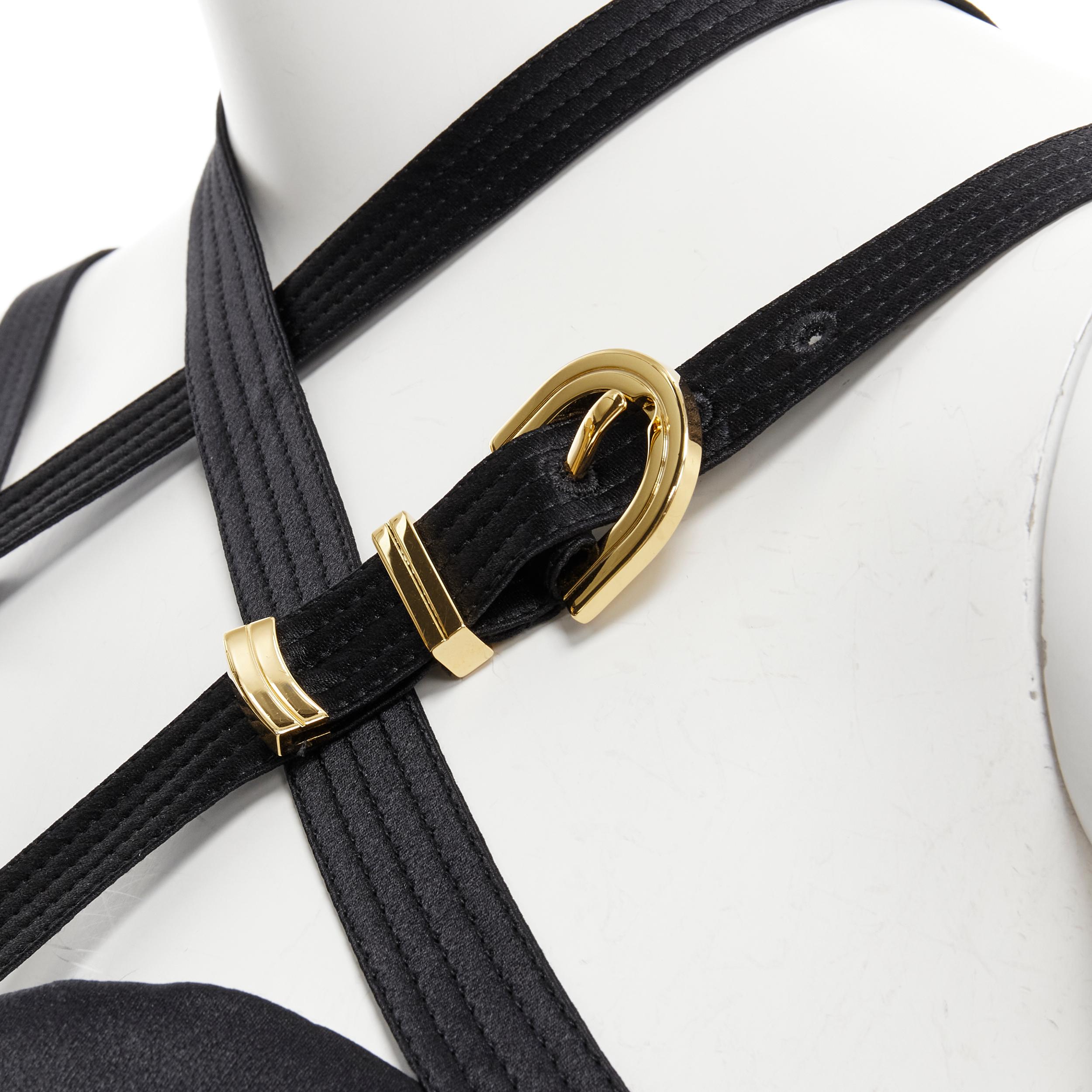 new VERSACE 2019 Runway S&M Bondage black crystal silk gold buckle bra FR40 L 2