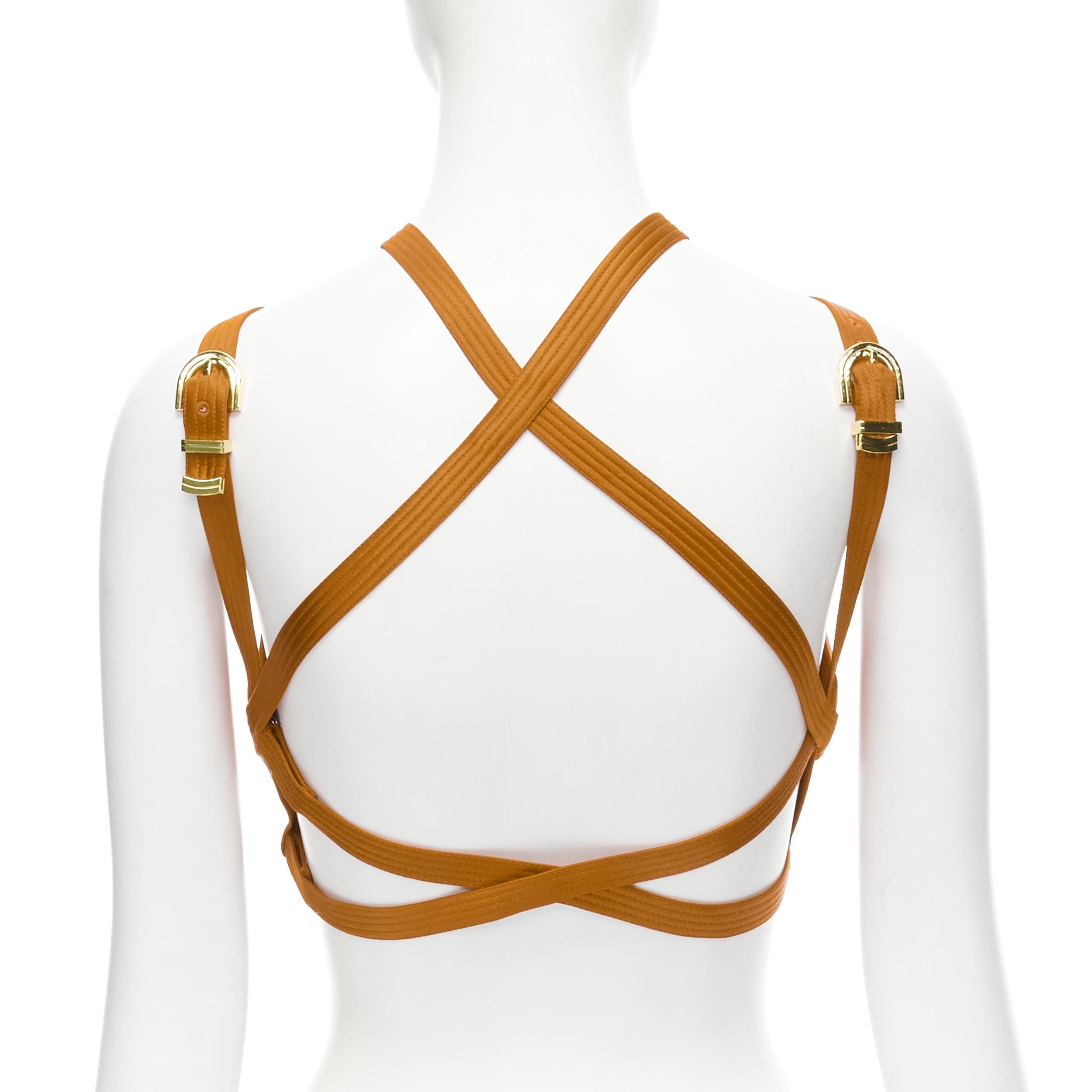 new VERSACE 2019 Runway S&M Bondage Tribute brown silk gold buckle bra FR38 S In New Condition In Hong Kong, NT