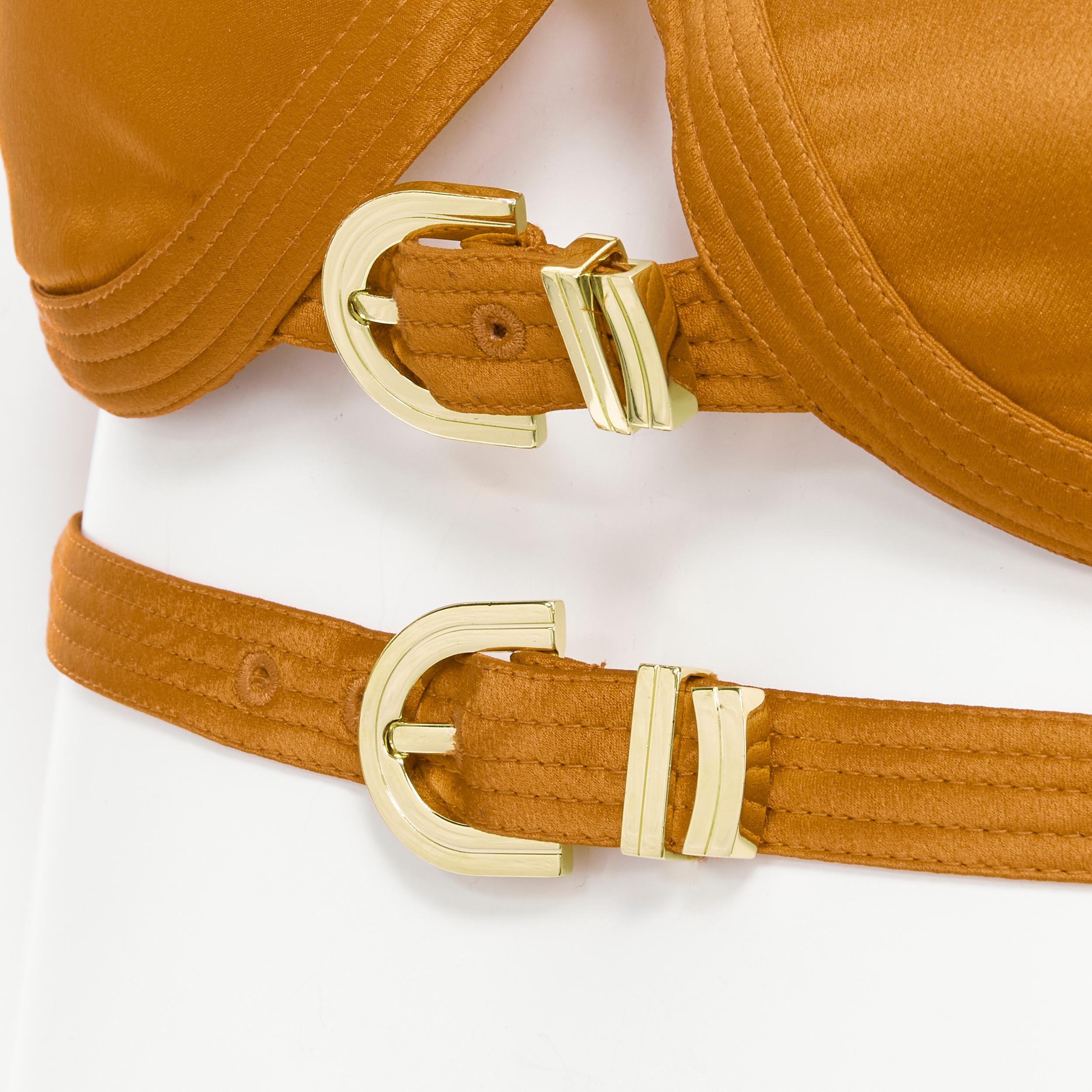 new VERSACE 2019 Runway S&M Bondage Tribute brown silk gold buckle bra FR38 S In New Condition In Hong Kong, NT
