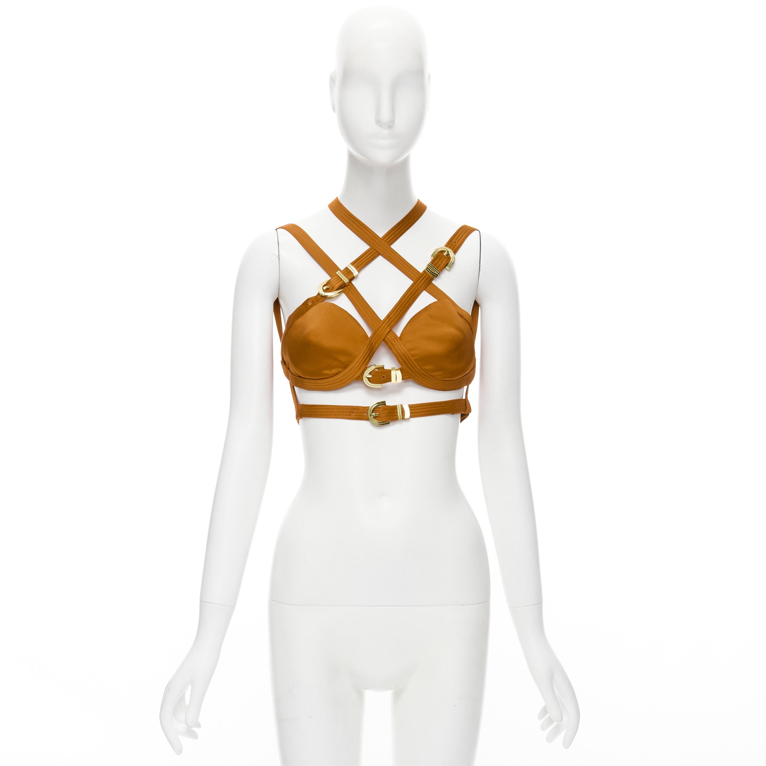 new VERSACE 2019 Runway S&M Bondage Tribute brown silk gold buckle bra FR40 M 5