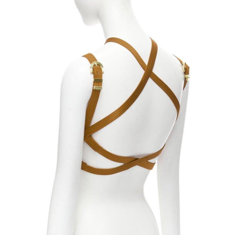 Women's new VERSACE 2019 Runway S&M Bondage Tribute brown silk gold buckle bra IT38 XS For Sale