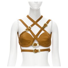 new VERSACE 2019 Runway S&M Bondage Tribute brown silk gold buckle bra IT40 S