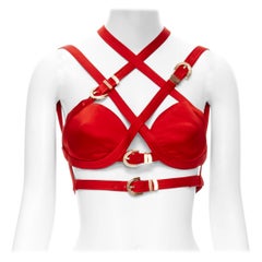 new VERSACE 2019 Runway S&M Bondage Tribute red silk gold buckle bra top FR40 M