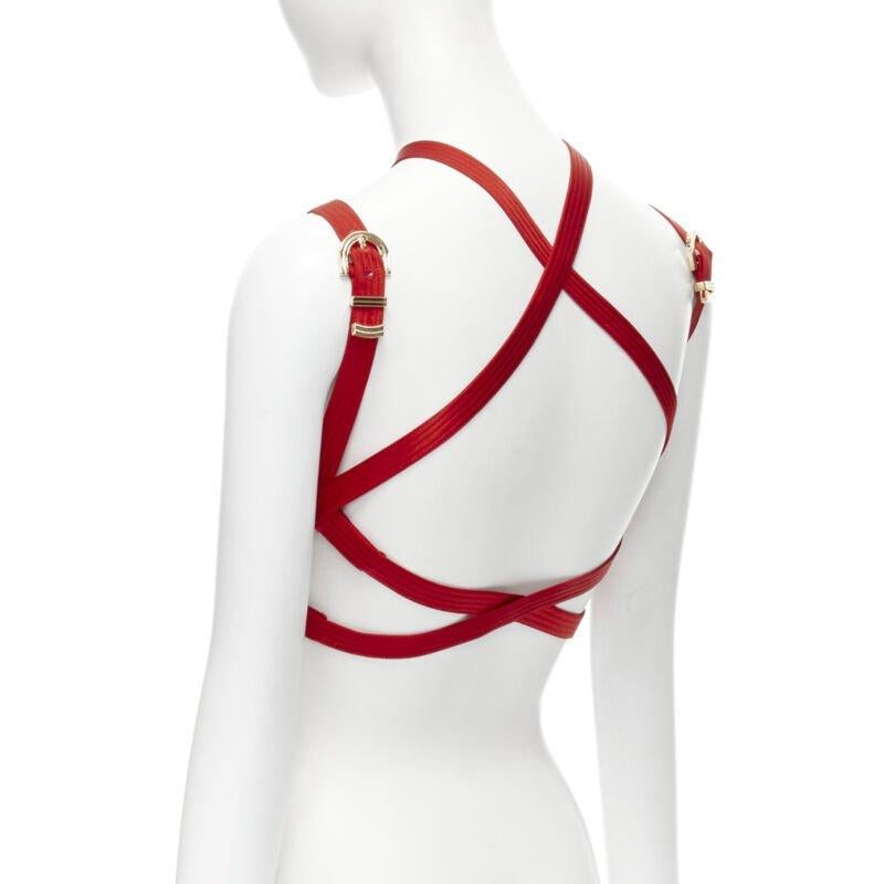 new VERSACE 2019 Runway S&M Bondage Tribute red silk gold buckle bra top IT38 XS For Sale 1