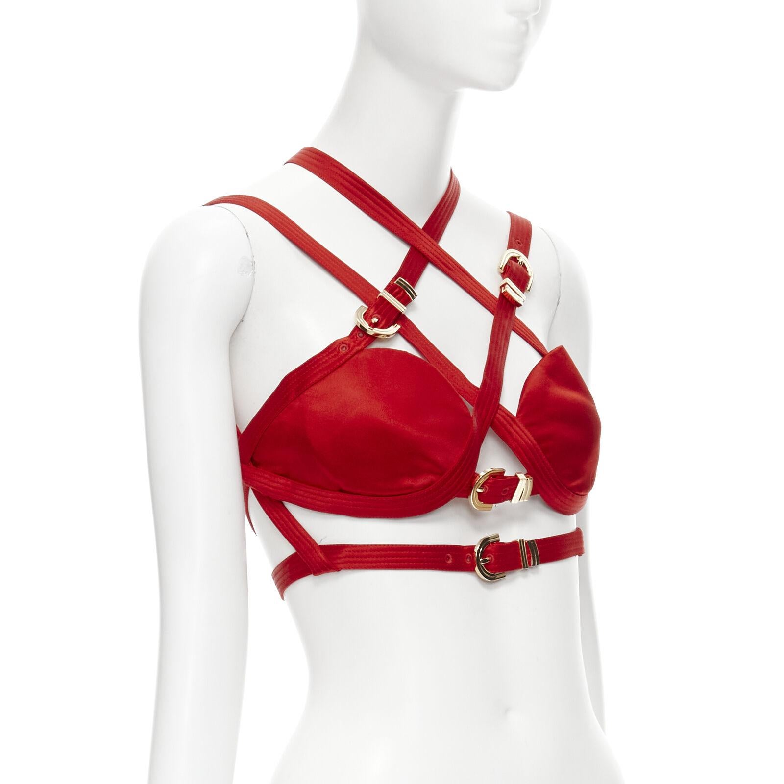 new VERSACE 2019 Runway S&M Bondage Tribute red silk gold buckle bra top IT40 S In New Condition For Sale In Hong Kong, NT