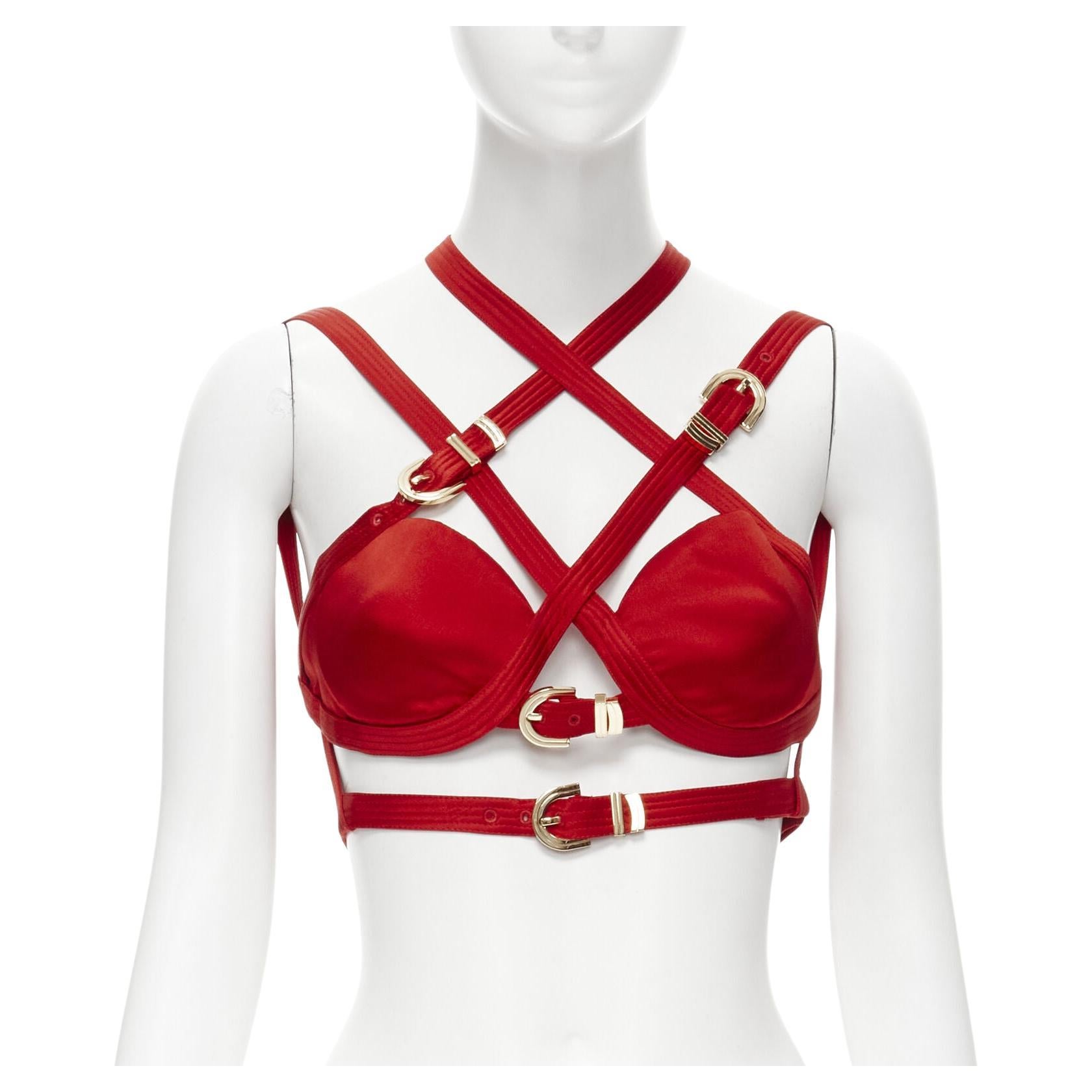 new VERSACE 2019 Runway S&M Bondage Tribute red silk gold buckle bra top IT40 S For Sale