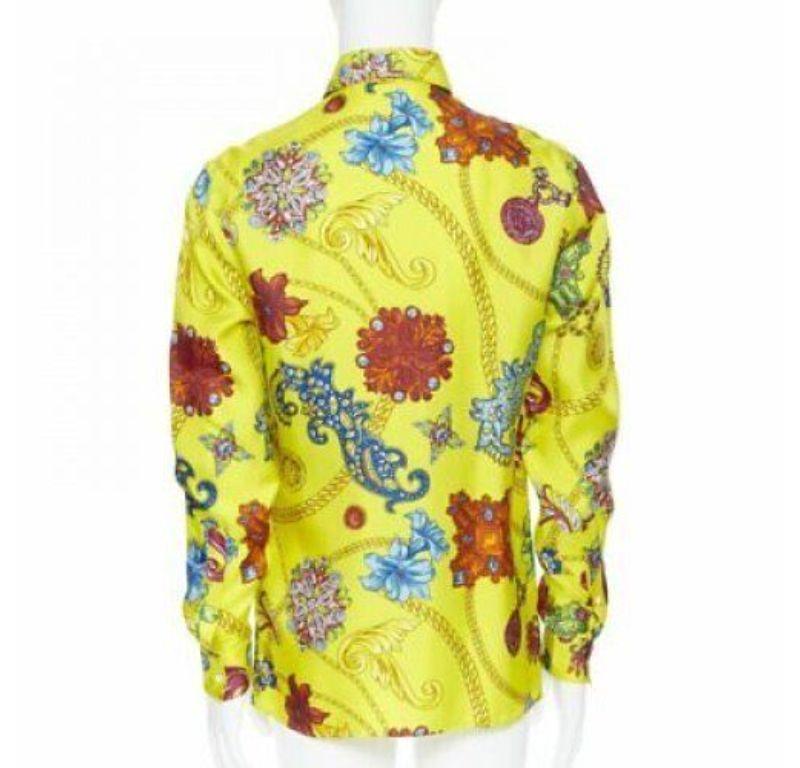 Men's new VERSACE 2019 Runway yellow silk vintage jewel Medusa button shirt EU38 XS For Sale