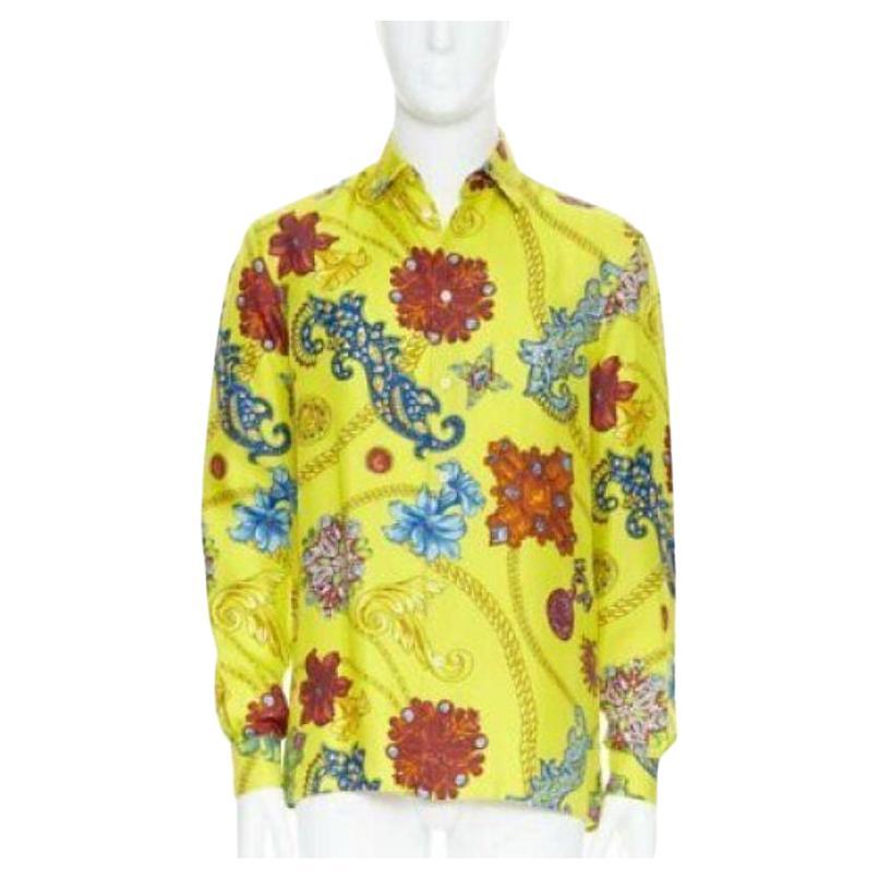 new VERSACE 2019 Runway yellow silk vintage jewel Medusa button shirt EU38 XS For Sale