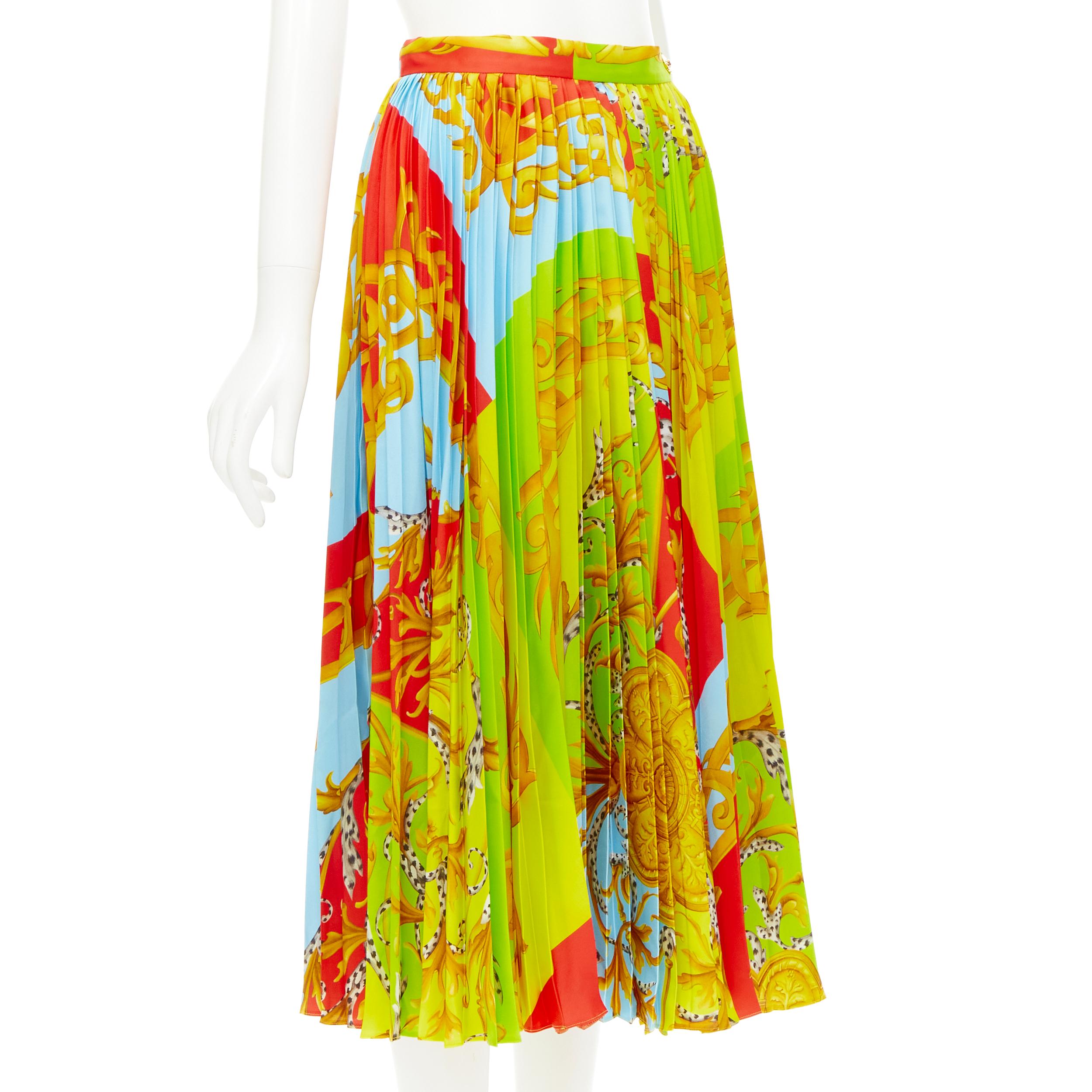 Yellow new VERSACE 2020 Barocco Acanthus Pop Medusa button pleated midi skirt XS IT38