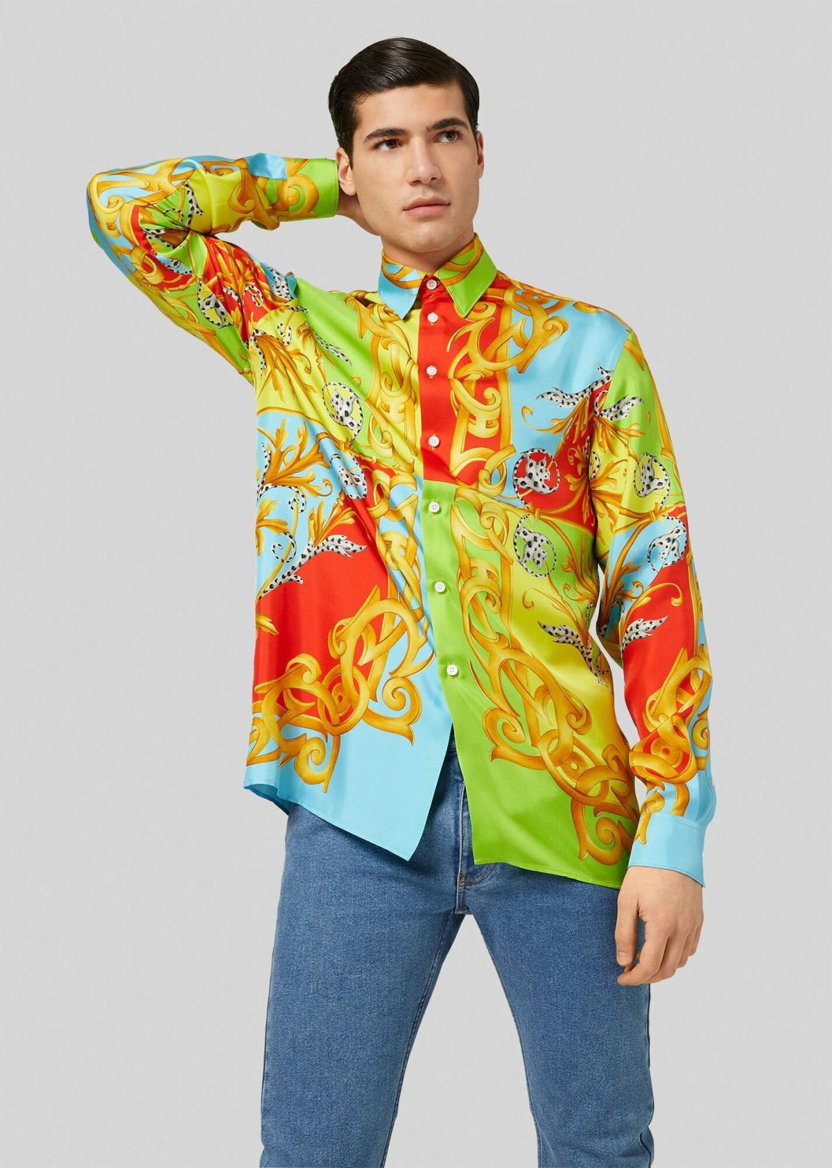 Jaune VERSACE chemise baroque en soie à imprimé pop art baroque EU38 XS, neuve, 2020 en vente