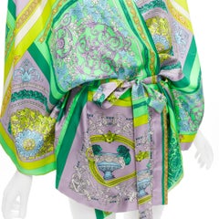 new VERSACE 2020 Mosaic Barocco 100% silk green print belted robe Sz.4 M