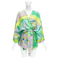 Used new VERSACE 2020 Mosaic Barocco 100% silk green print belted robe Sz.4 M