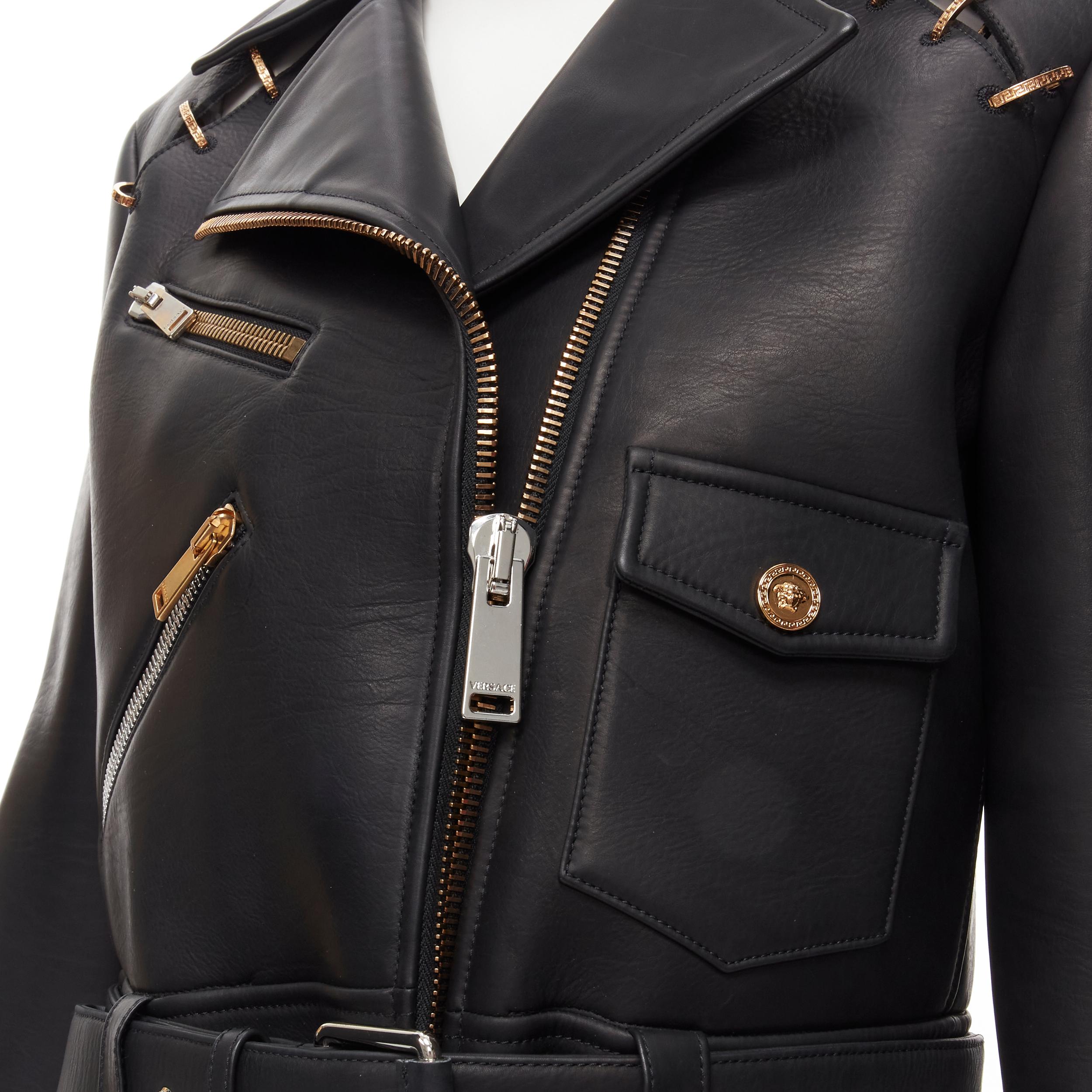 new VERSACE 2020 Runway black leather gold Greca ring biker jacket IT38 XS 
Reference: TGAS/C00039 
Brand: Versace 
Designer: Donatella Versace 
Collection: Fall Winter 2020 Runway 
Material: Calf Leather 
Color: Black 
Pattern: Solid 
Closure: Zip