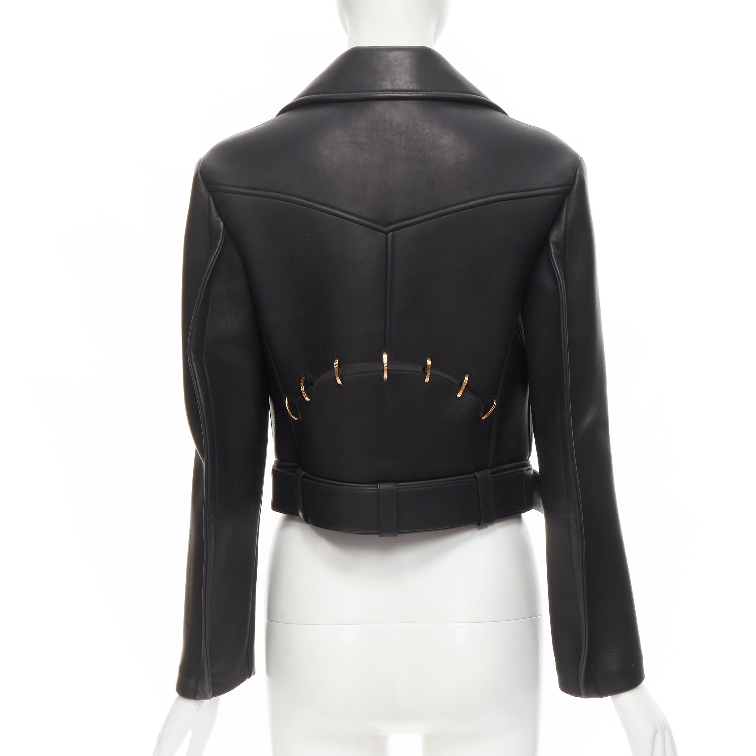 Women's new VERSACE 2020 Runway black leather gold Greca ring biker jacket IT38 XS