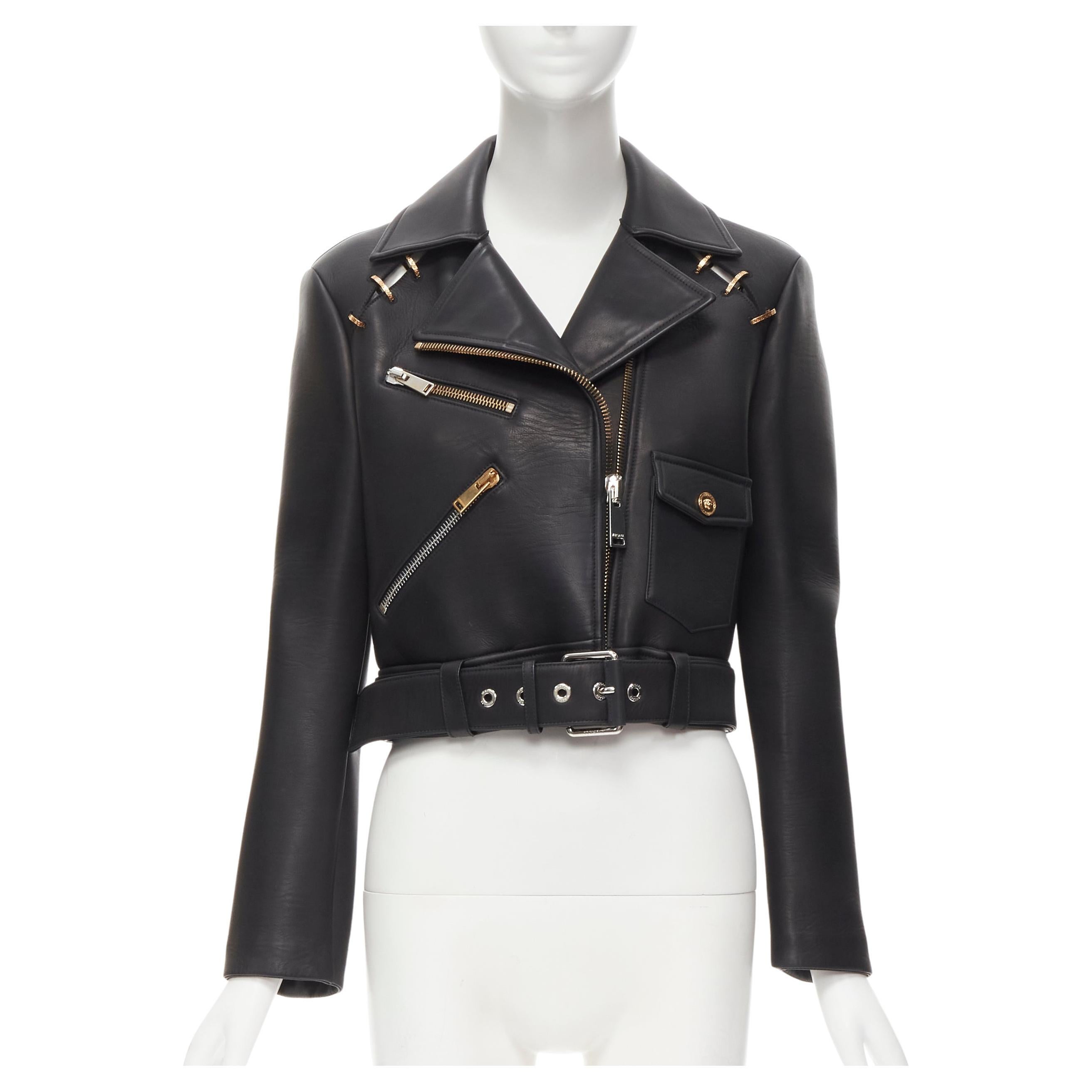 new VERSACE 2020 Runway black leather gold Greca ring biker jacket IT38 XS