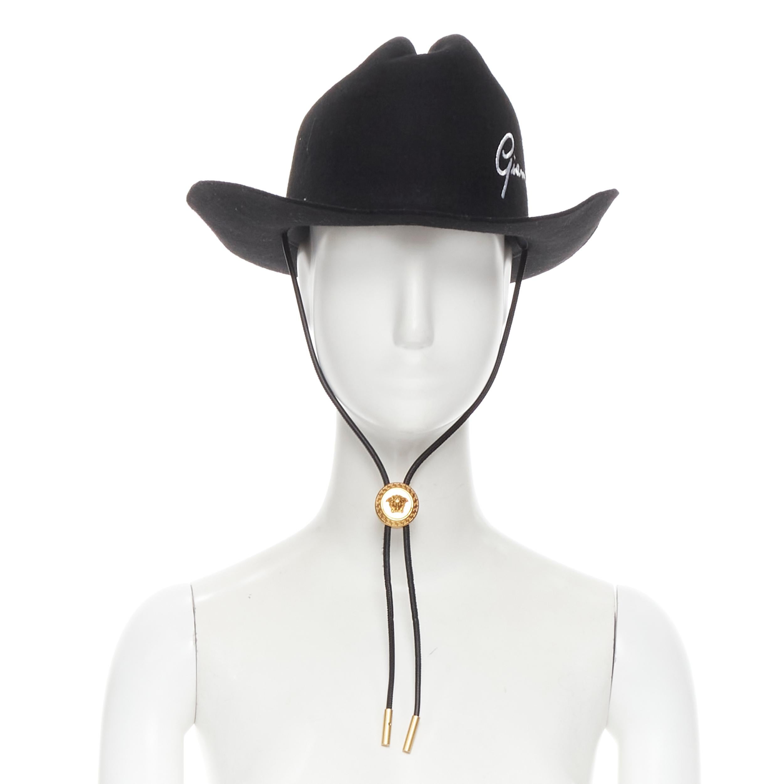 new VERSACE 2020 Runway Gianni GV Signature black wool Medusa cowboy hat EU57 
Reference: TGAS/B01501 
Brand: Versace 
Designer: Donatella Versace 
Collection: 2020 Runway 
Material: Wool 
Color: Black 
Pattern: Solid 
Extra Detail: Black hat with