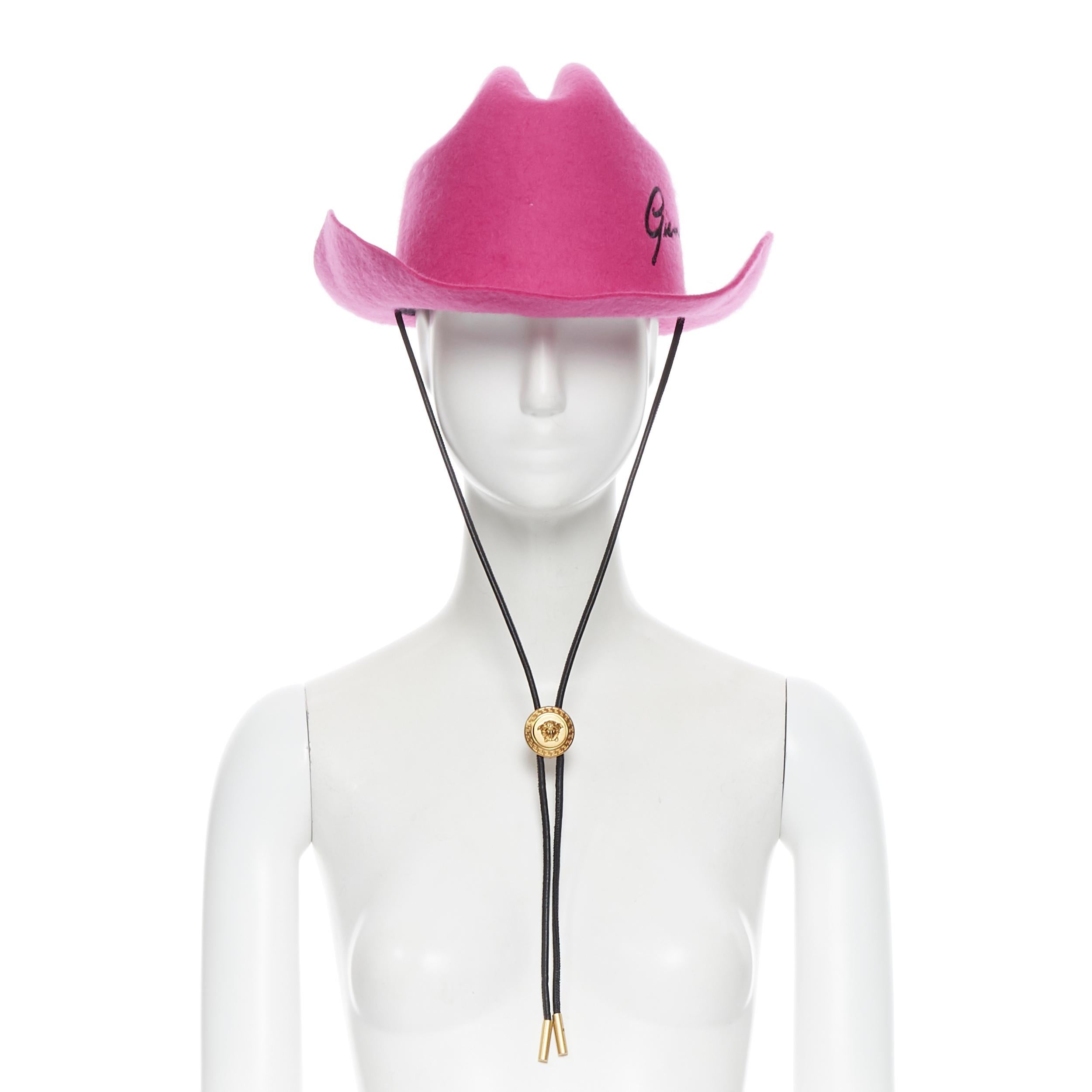 new VERSACE 2020 Runway Gianni GV Signature pink wool Medusa cowboy hat EU57 Reference: TGAS/B01475 
Brand: Versace
Designer: Donatella Versace 
Collection: 2020 Runway 
Material: Wool 
Color: Pink 
Pattern: Solid 
Extra Detail: Fuschia pink hat