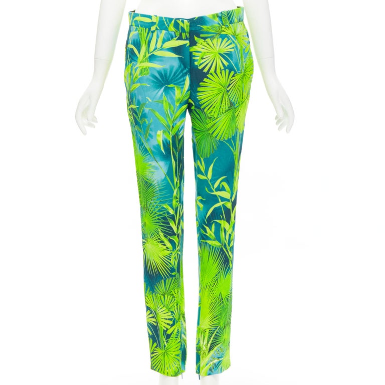 new VERSACE 2020 Runway Jlo Jungle green tropical print viscose pants