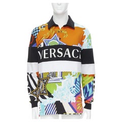nuovo VERSACE 2020 Runway Pop Temple Box logo patchwork polo top L