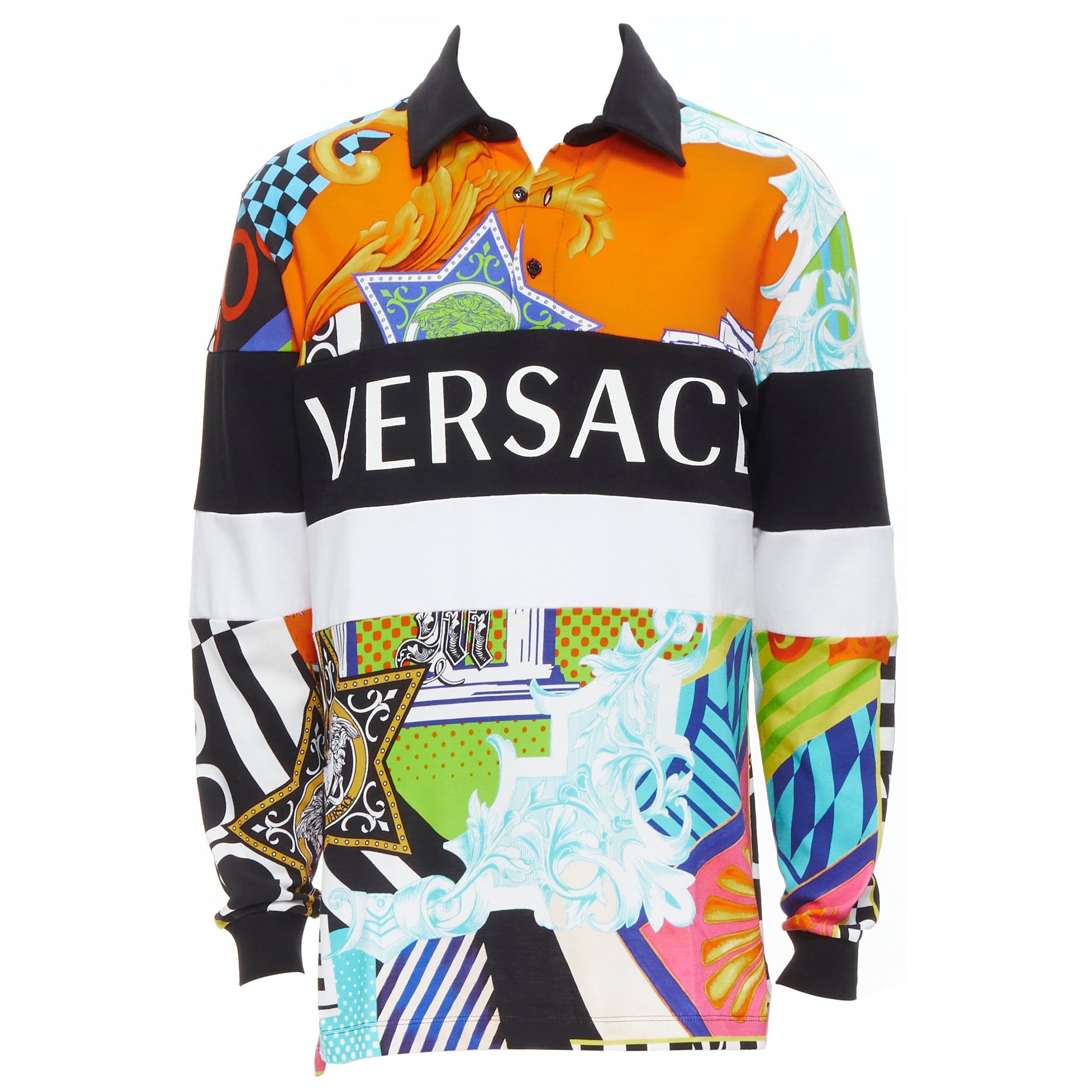 new VERSACE 2020 Runway Pop Temple Box logo patchwork polo shirt top S