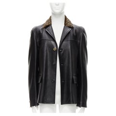 new VERSACE 2021 La Greca brown fur collar black leather jacket IT54 XXL