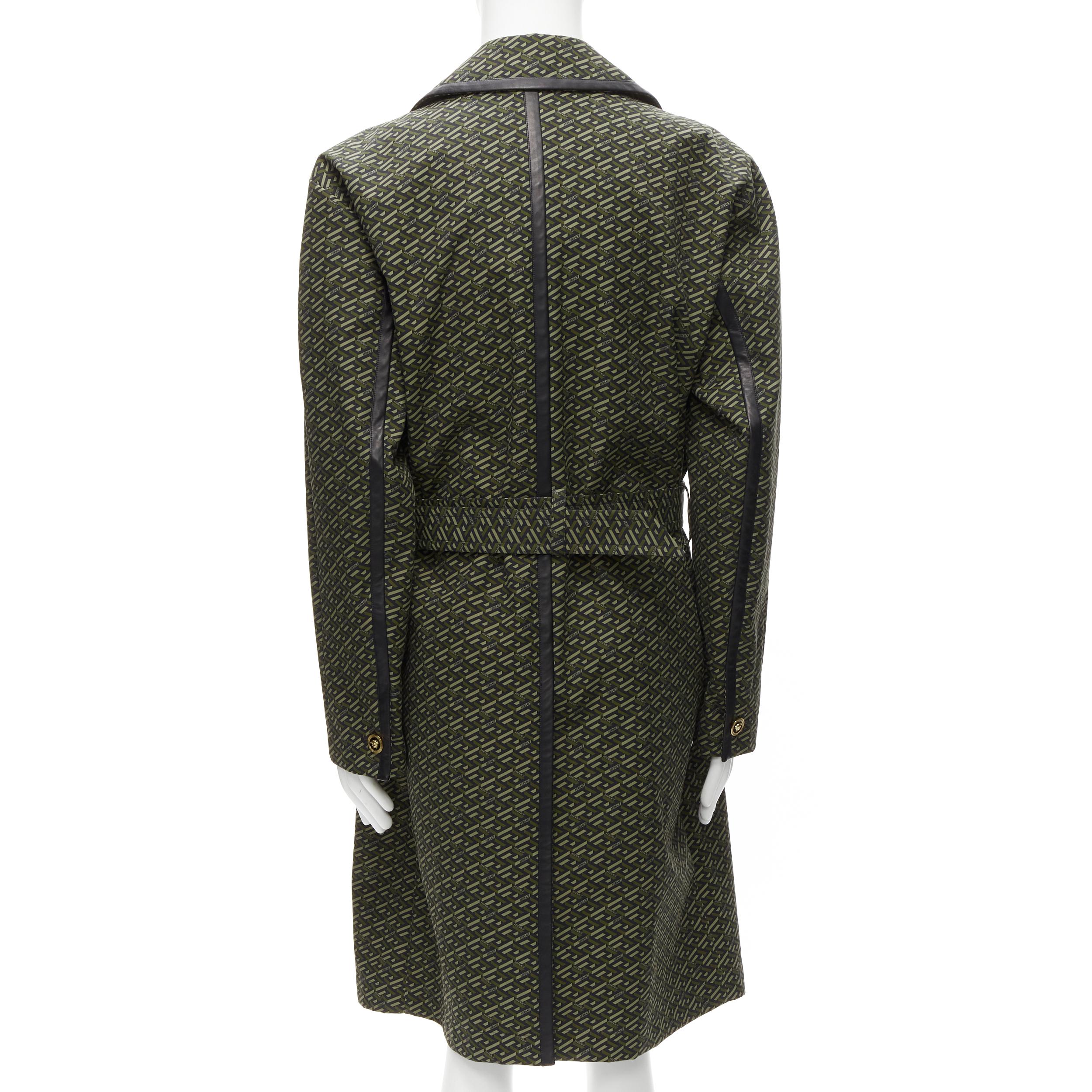 Men's new VERSACE 2021 La Greca green graphic leather Medusa Mac trench coat IT52 XL For Sale