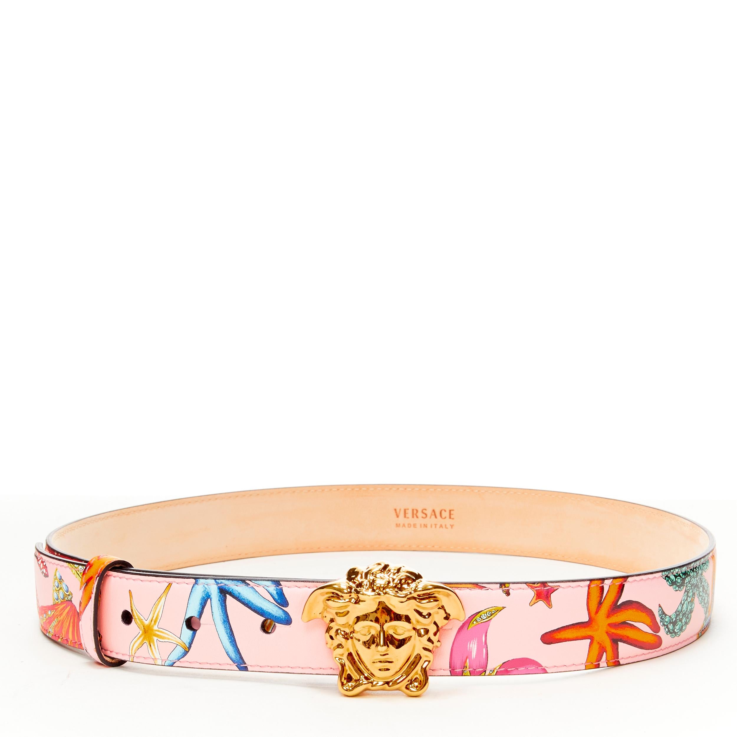 Beige new VERSACE 2021 La Medusa gold pink Tresor De La Mer leather belt 80cm 30-34