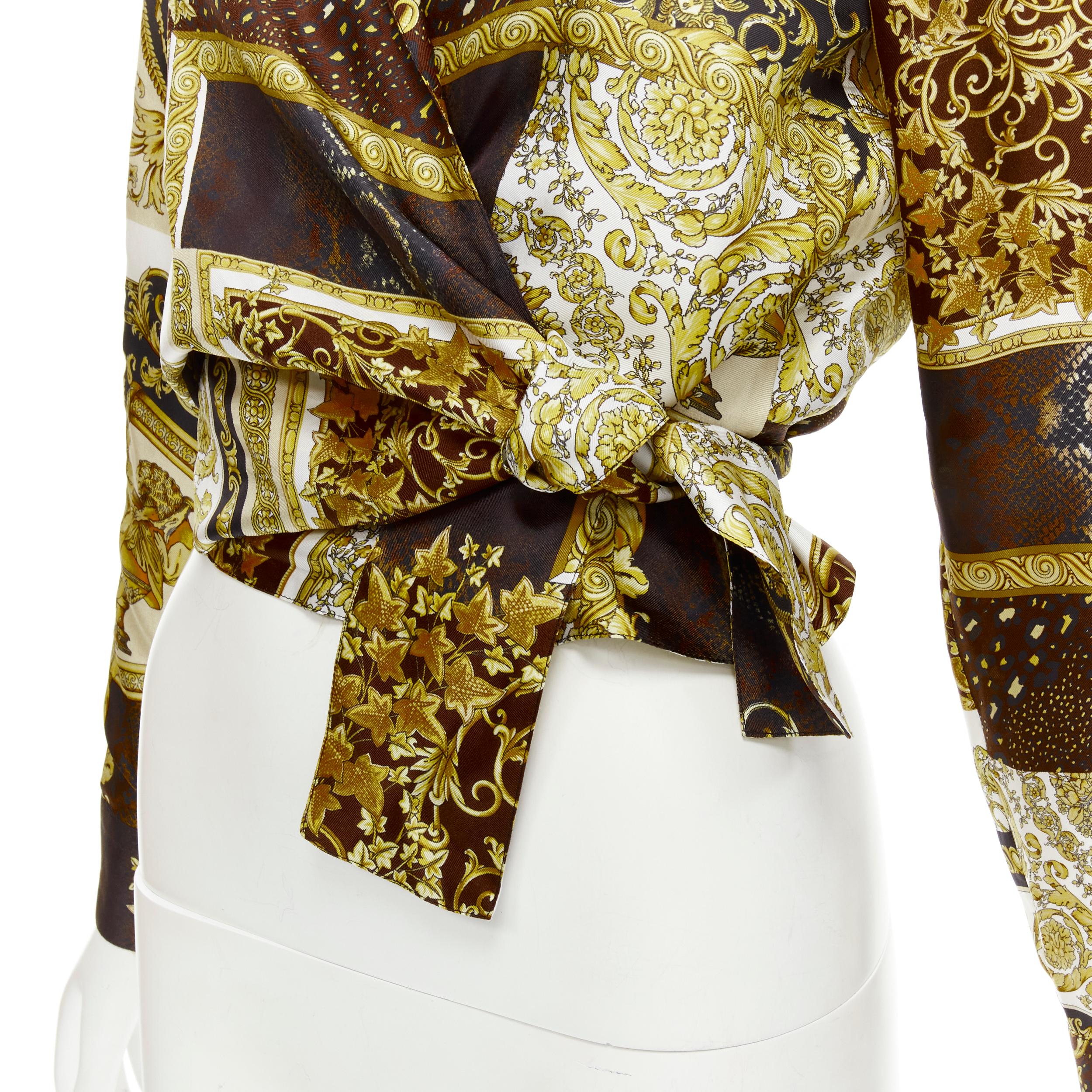 new VERSACE 2021 Mosaic Barocco 100% silk print wrap tie cropped shirt IT38 XS 
Reference: TGAS/C00686 
Brand: Versace 
Designer: Donatella Versace 
Collection: Resort 2021 Runway 
Material: Silk 
Color: Gold 
Pattern: Barocco 
Closure: Tie 
Extra