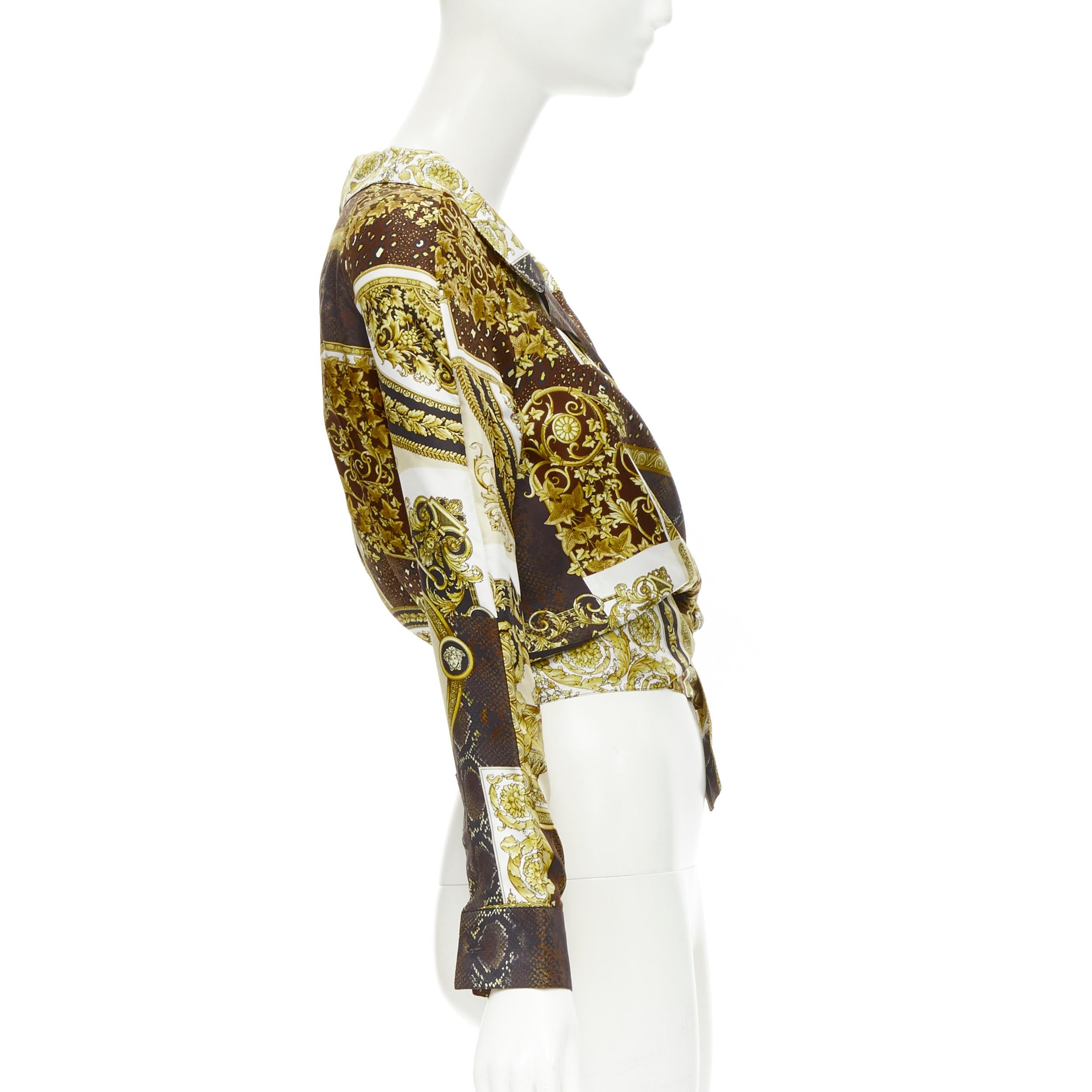 Beige new VERSACE 2021 Mosaic Barocco 100% silk print wrap tie cropped shirt IT38 XS For Sale