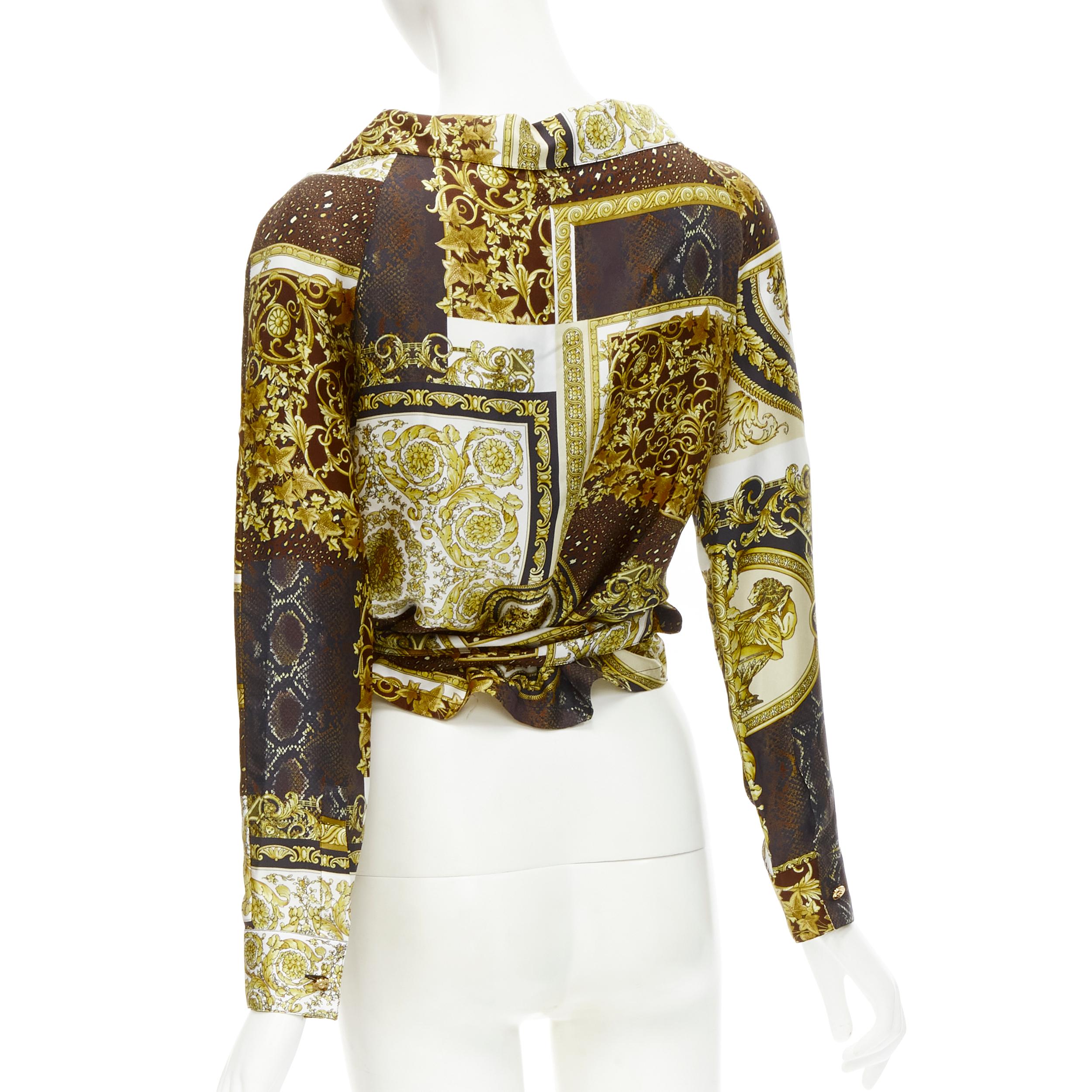 Women's new VERSACE 2021 Mosaic Barocco 100% silk print wrap tie cropped shirt IT38 XS For Sale
