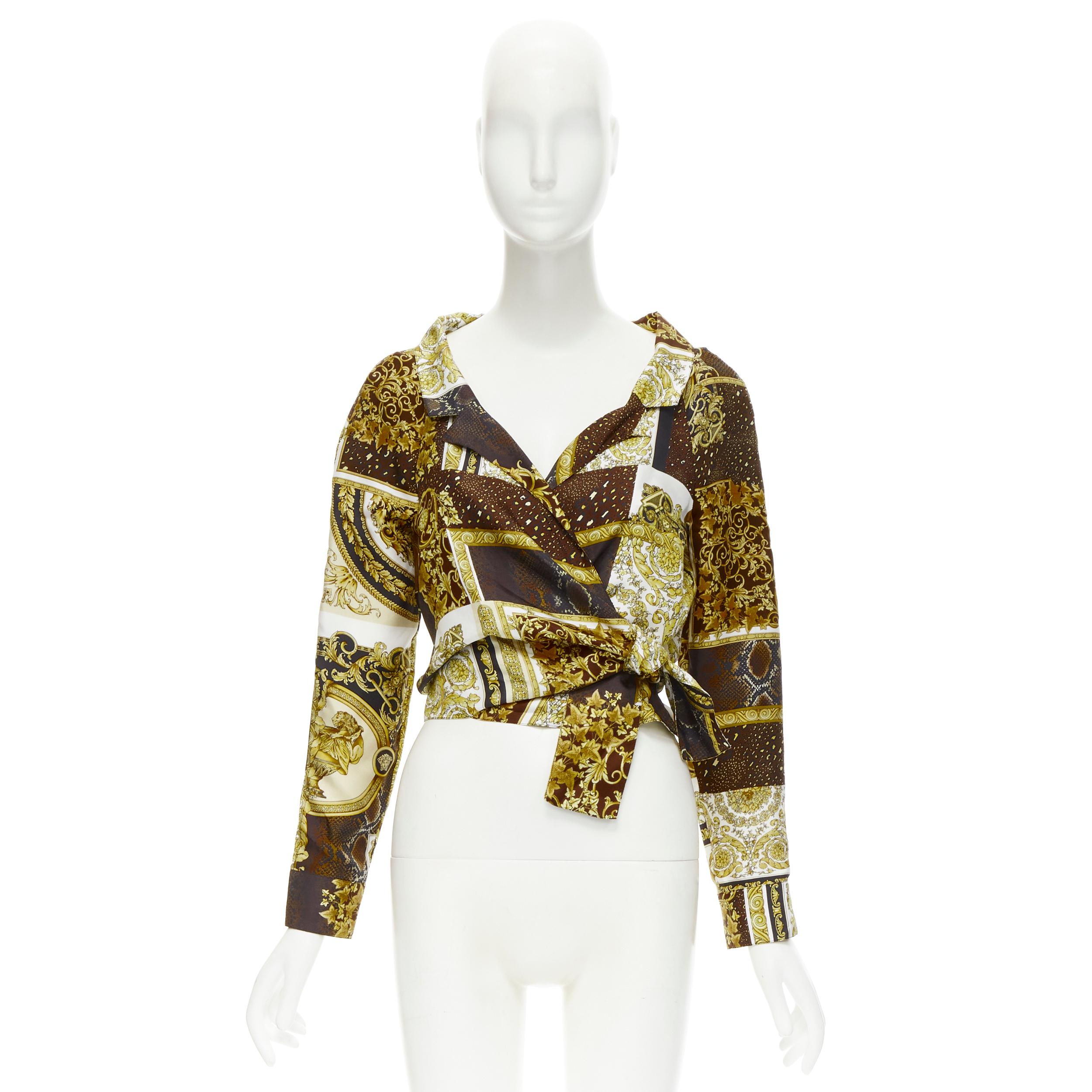 new VERSACE 2021 Mosaic Barocco 100% silk print wrap tie cropped shirt IT38 XS For Sale 3