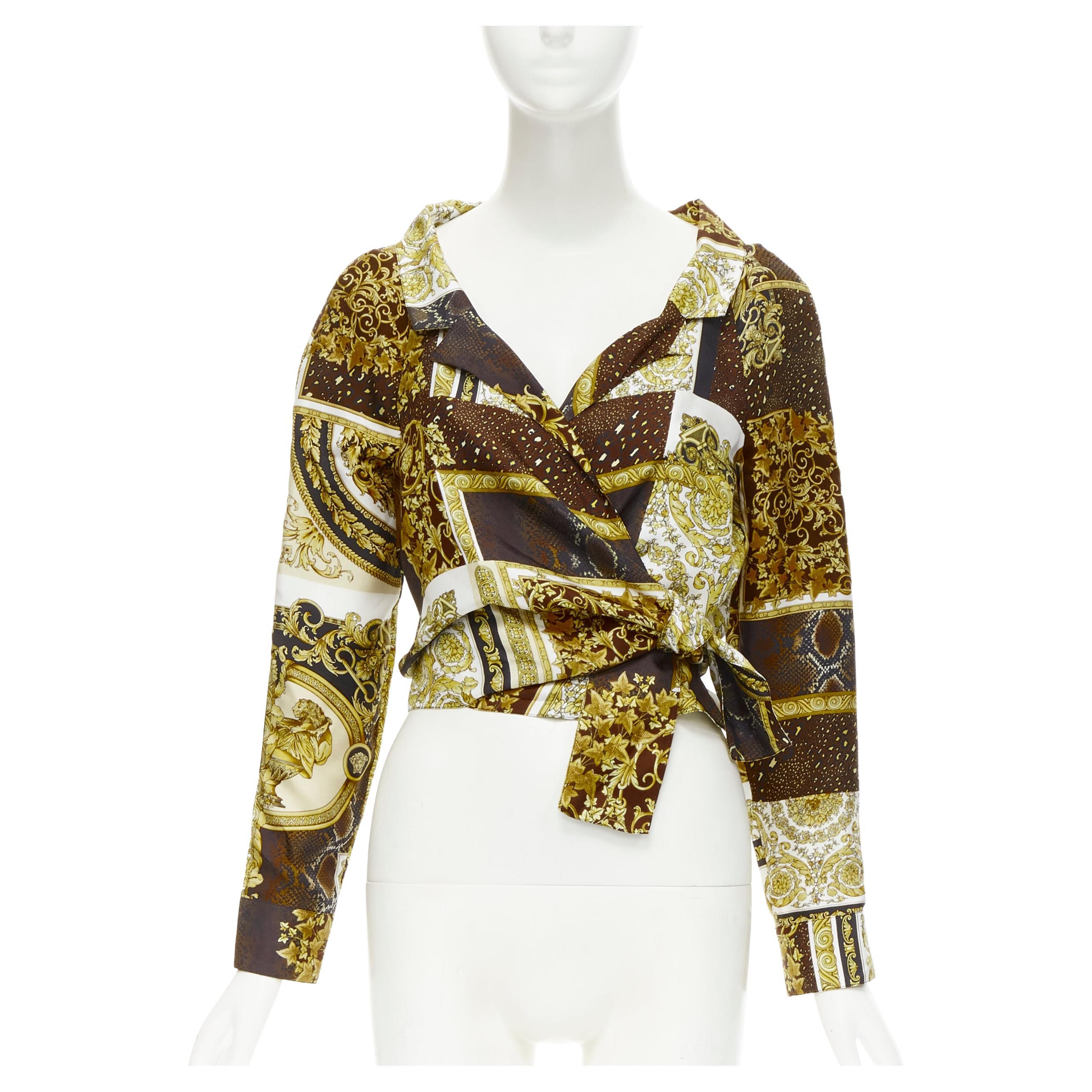new VERSACE 2021 Mosaic Barocco 100% silk print wrap tie cropped shirt IT38 XS For Sale