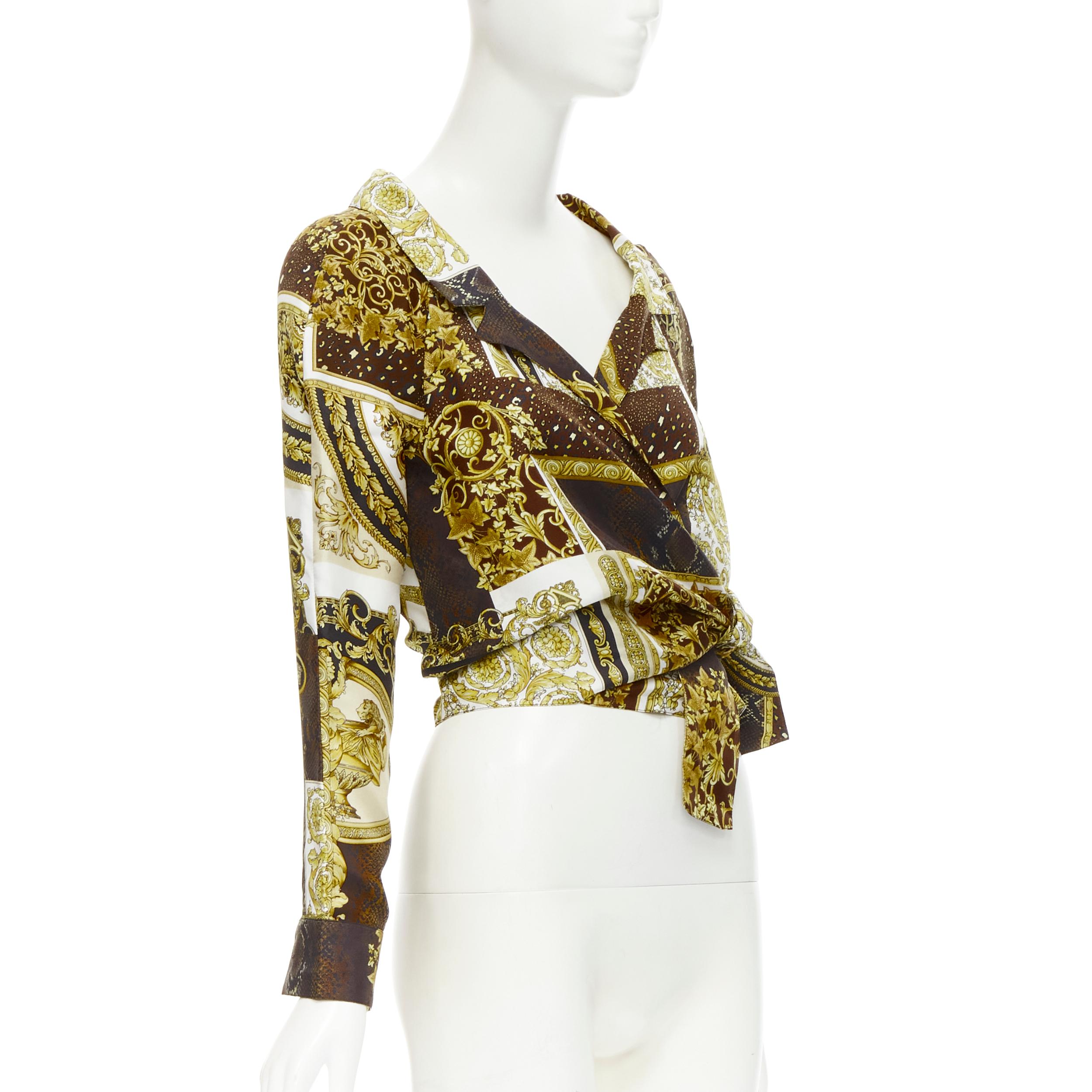 Beige new VERSACE 2021 Mosaic Barocco 100% silk print wrap tie cropped shirt IT40 S For Sale