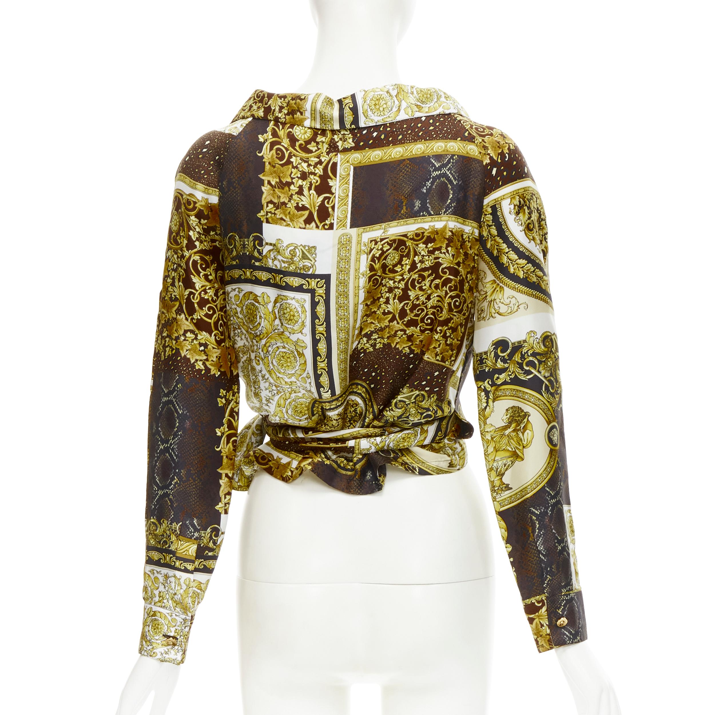 Women's new VERSACE 2021 Mosaic Barocco 100% silk print wrap tie cropped shirt IT40 S For Sale
