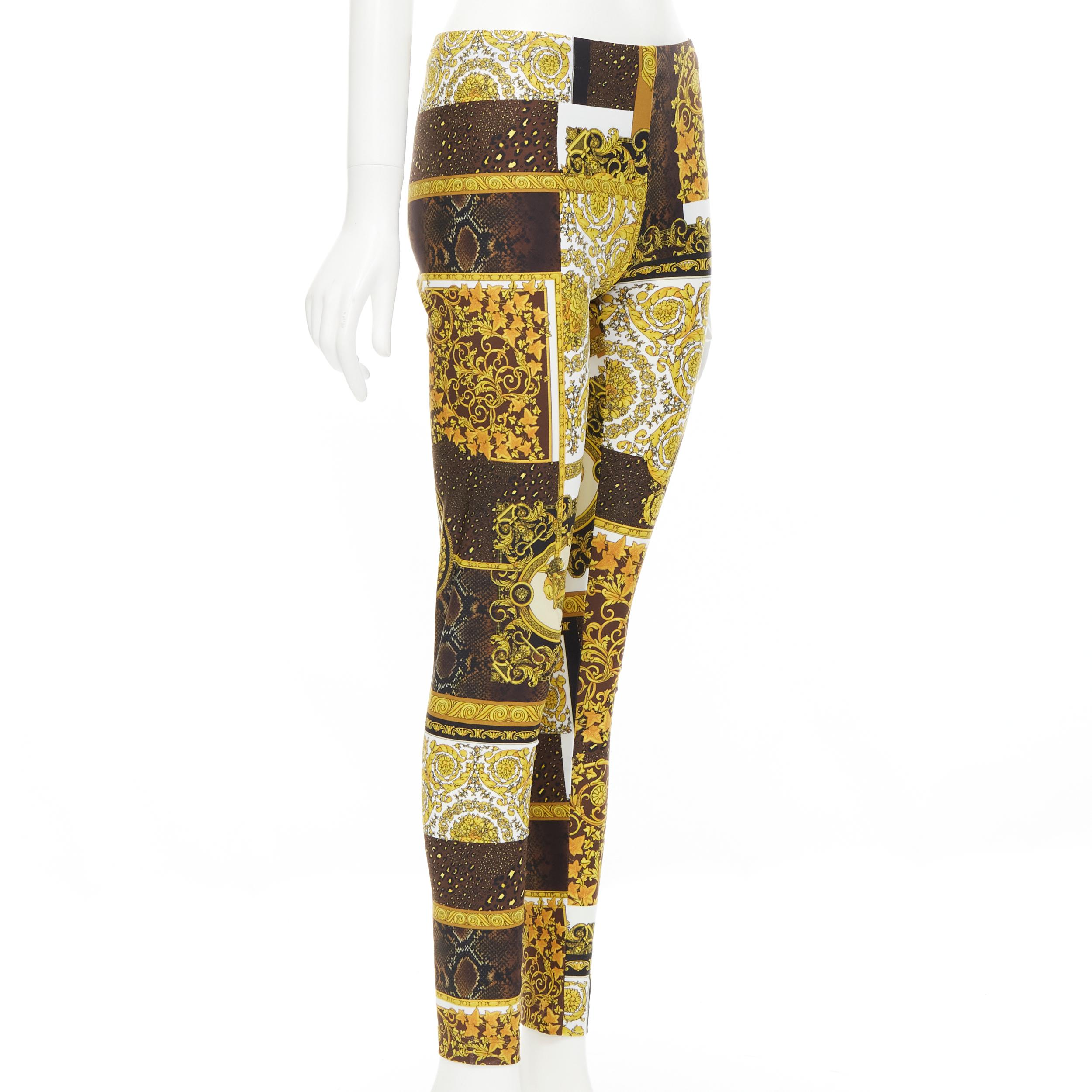 Brown new VERSACE 2021 Mosaic Barocco brown gold print stretchy legging pant IT44 L For Sale