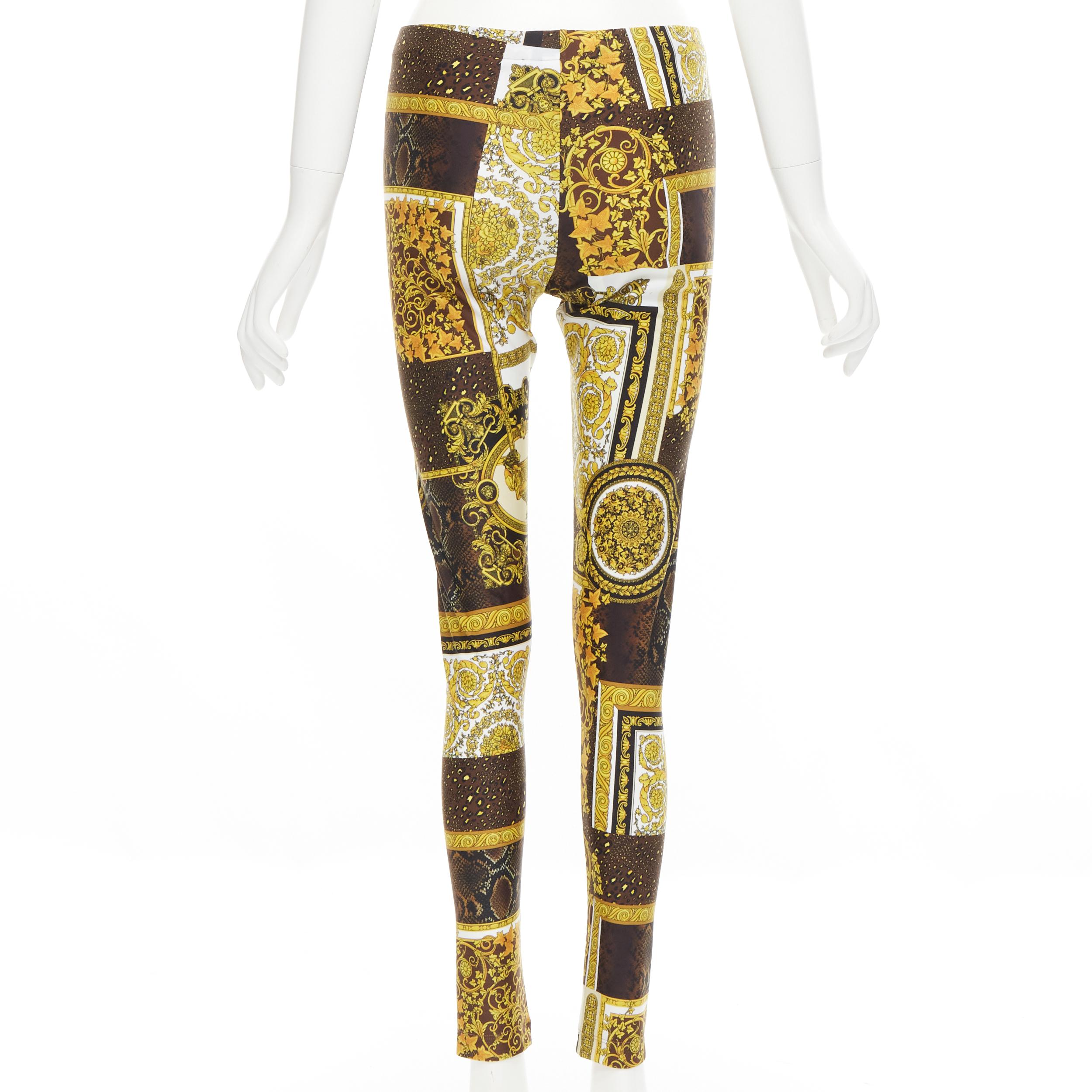 Women's new VERSACE 2021 Mosaic Barocco brown gold print stretchy legging pant IT44 L For Sale