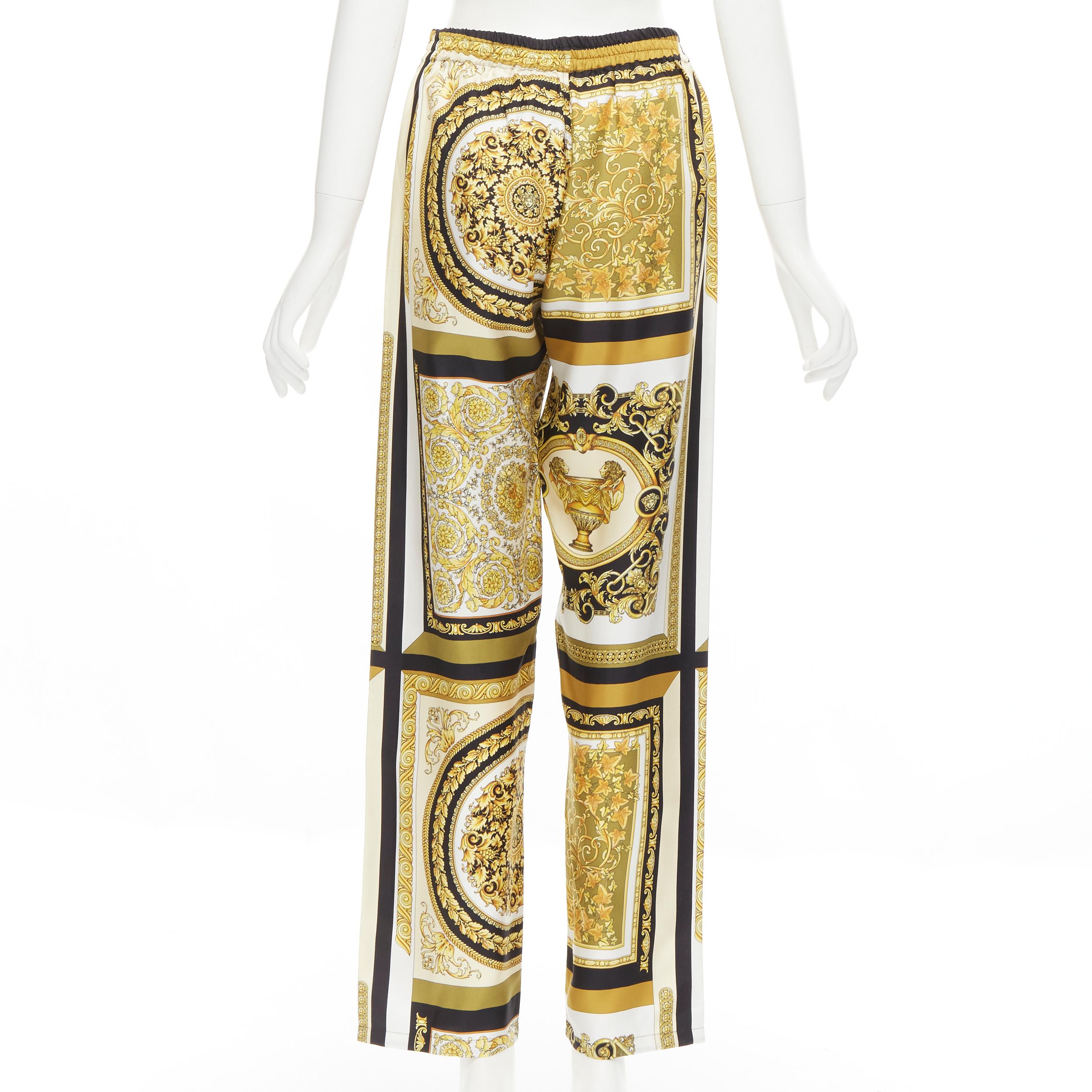 Beige new VERSACE 2021 Mosaic Barocco gold black 100% silk print pajama pants IT2 XS
