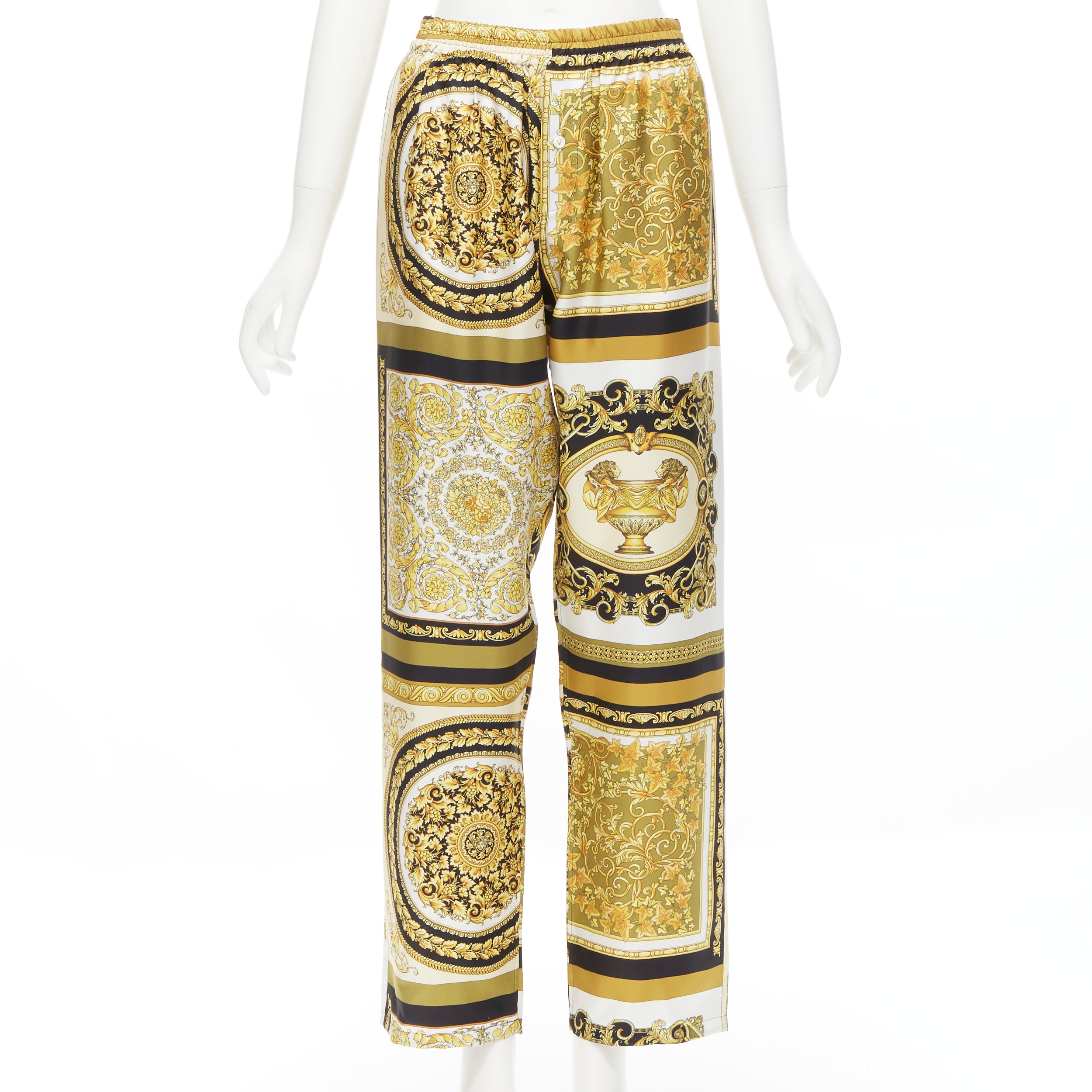 new VERSACE 2021 Mosaic Barocco gold black 100% silk print pajama pants IT2 XS