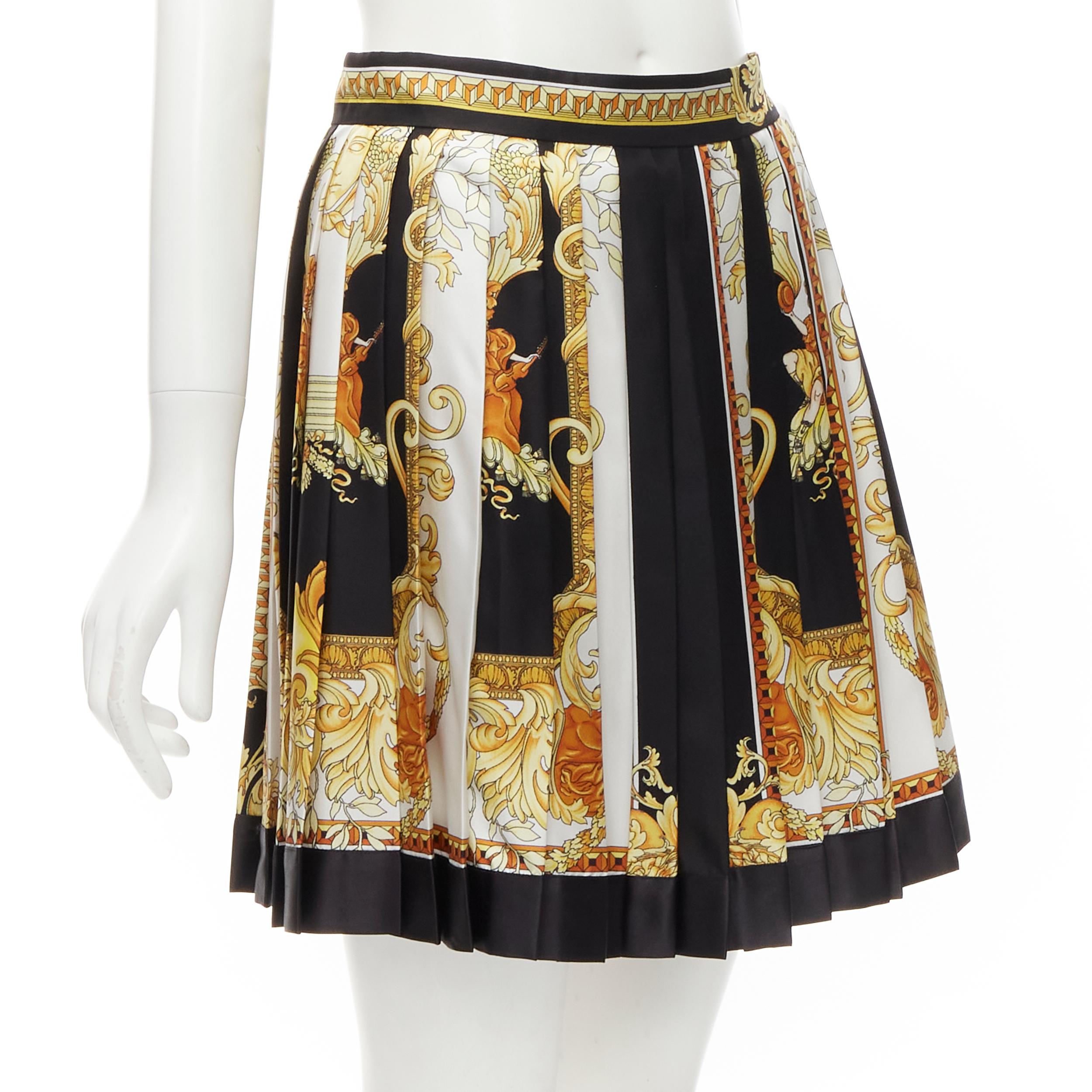 Beige new VERSACE 2021 Renaissance Barocco black gold silk pleated skirt IT40 S For Sale