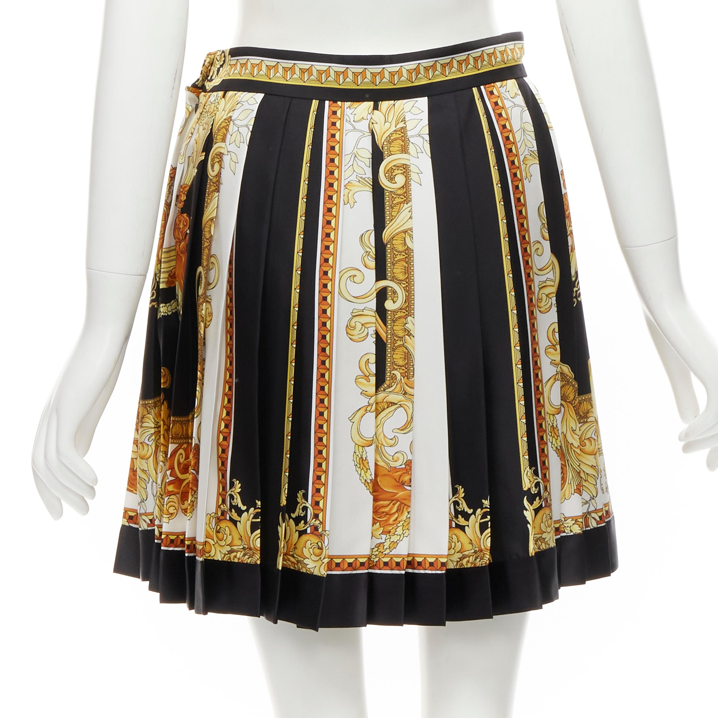 Women's new VERSACE 2021 Renaissance Barocco black gold silk pleated skirt IT40 S For Sale