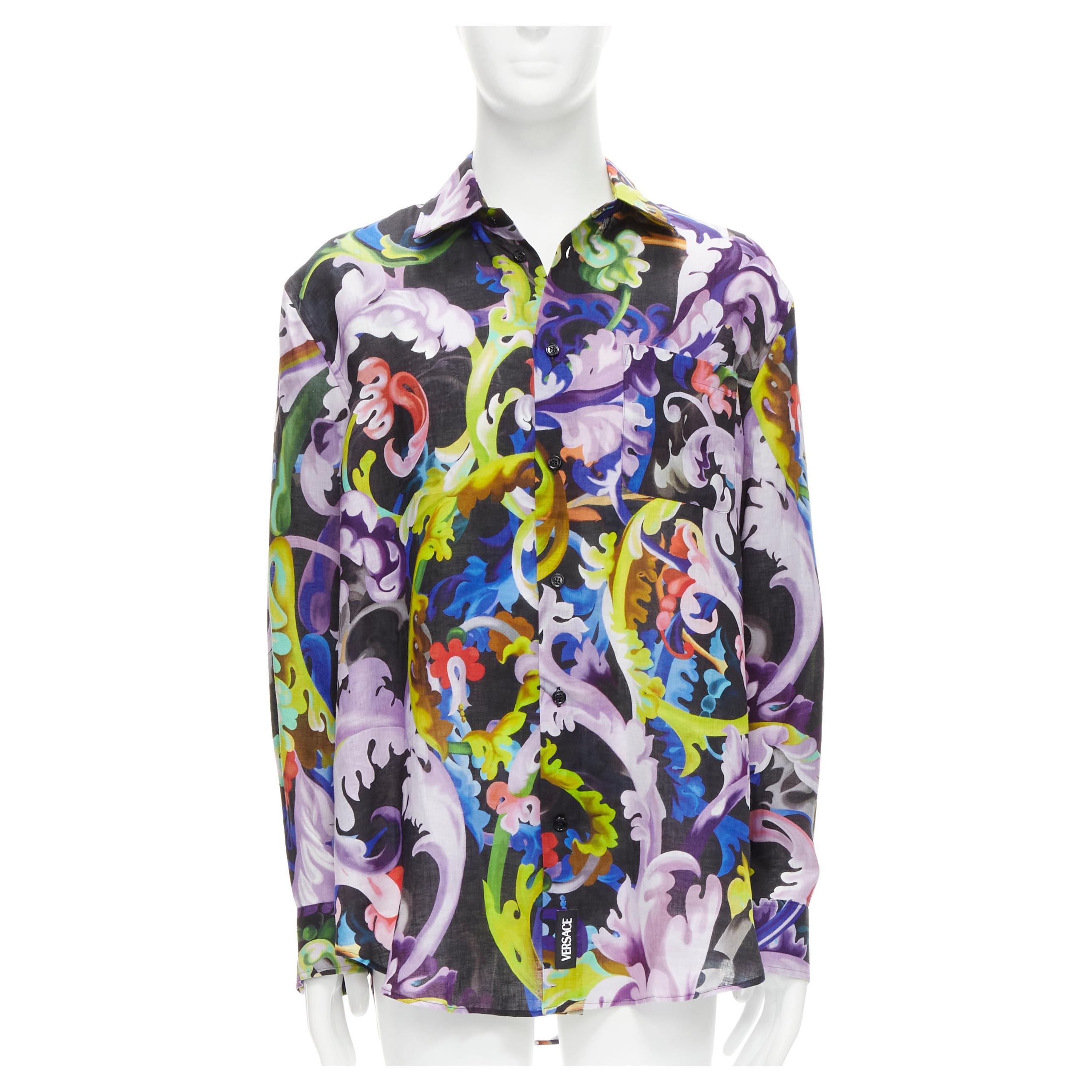 new VERSACE 2021 Runway Baroccoflage colorful baroque floral linen shirt EU39 M For Sale