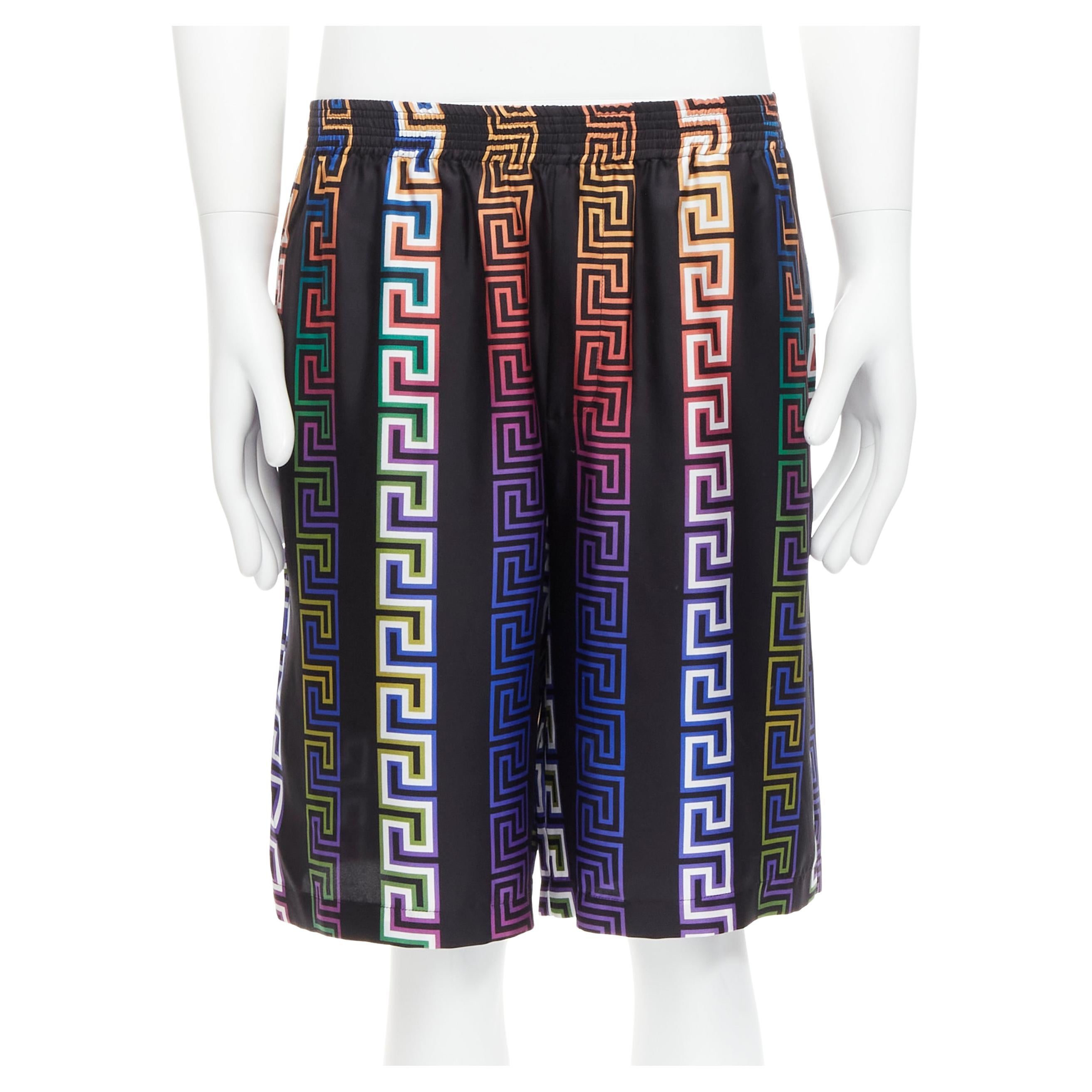 new VERSACE 2021 Runway Neon Greca black college fit silk twill shorts IT46 S For Sale