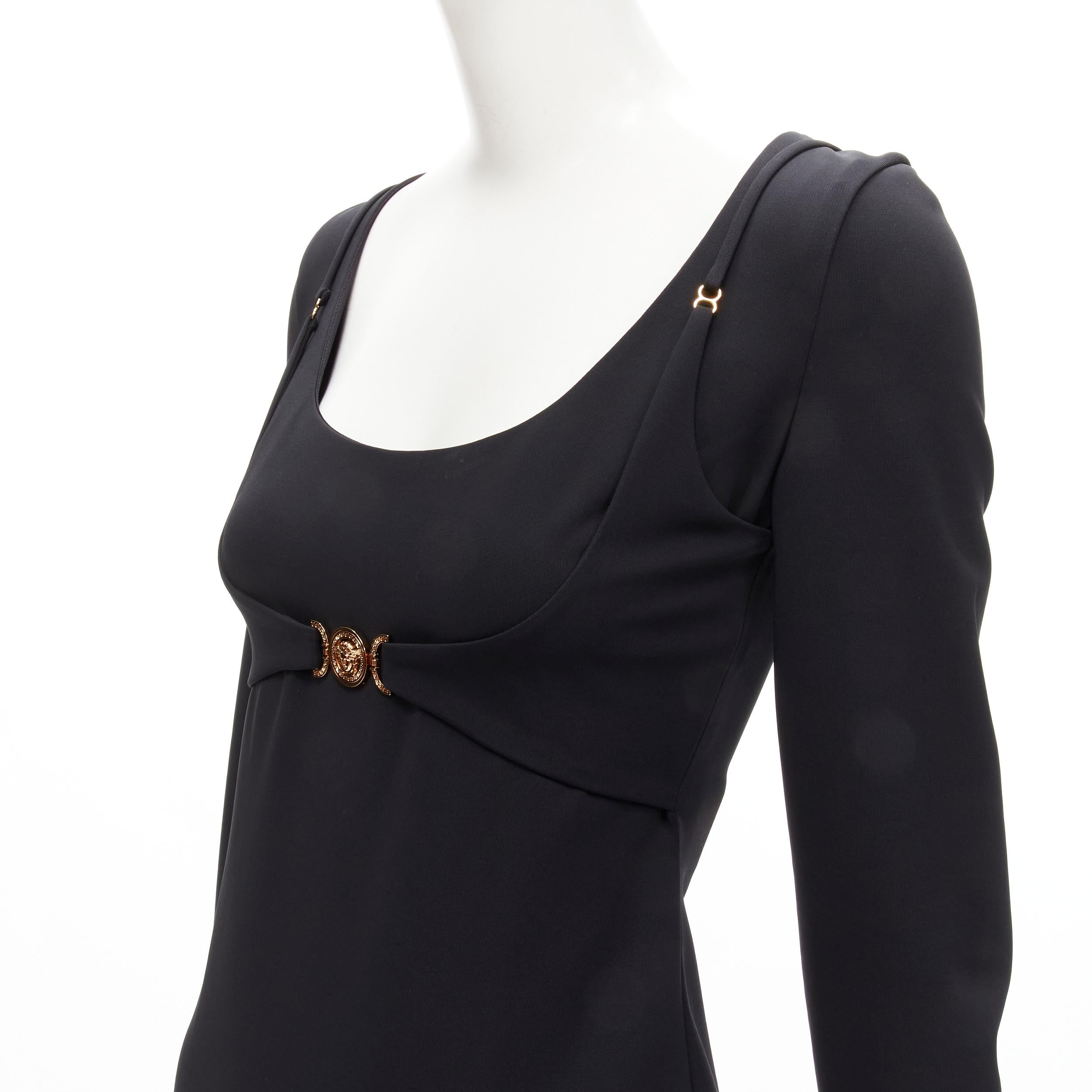new VERSACE 2021 Tresor De La Mer gold Medusa bustier harness dress IT38 XS
Brand: Versace
Designer: Donatella Versace
Collection: 2021 Tresor De La Mer 
Material: Viscose
Color: Black
Pattern: Solid
Closure: Zip
Extra Detail: Scoop neckline.