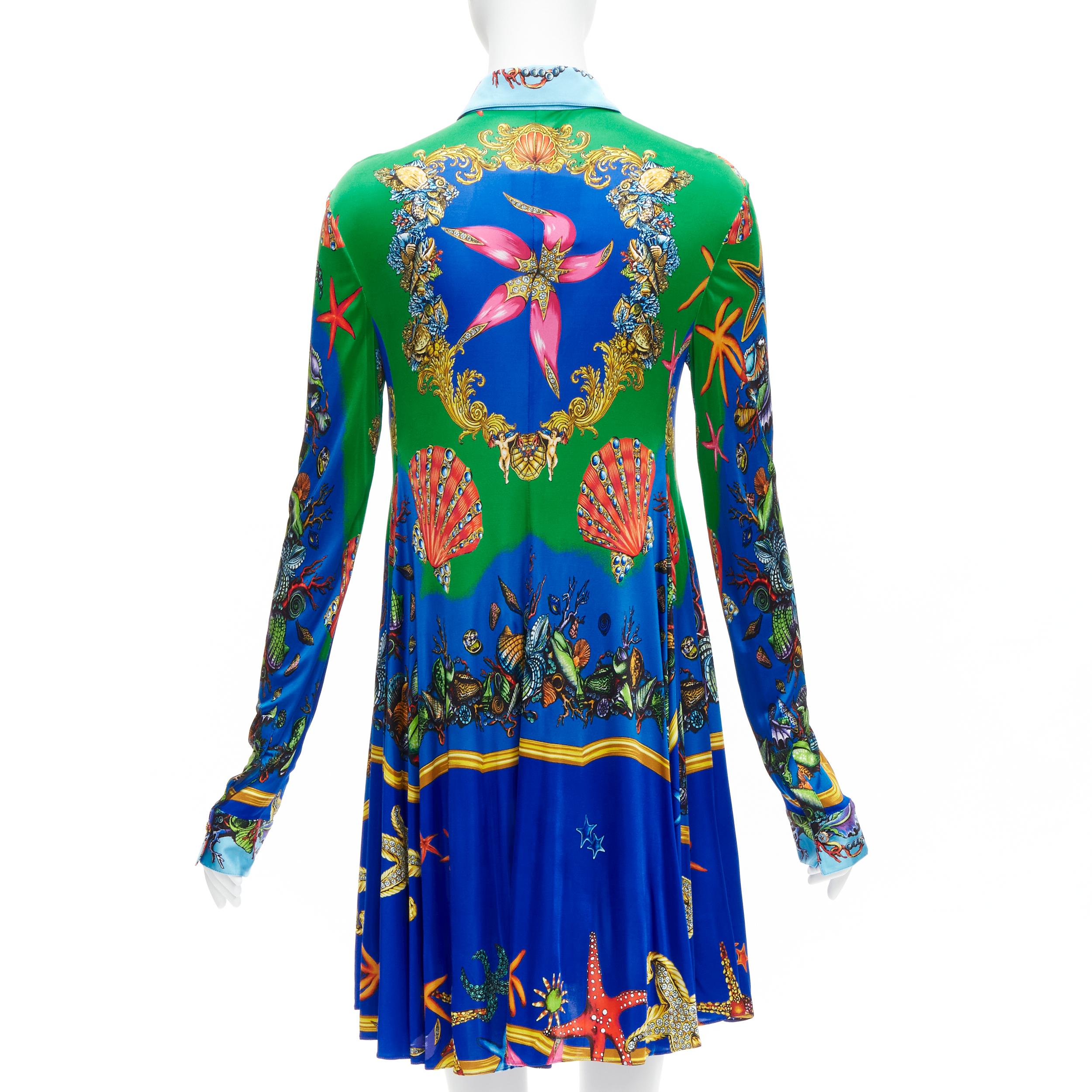 Women's new VERSACE 2021 Tresor De La Mer green blue starfish print casual dress IT44 L For Sale