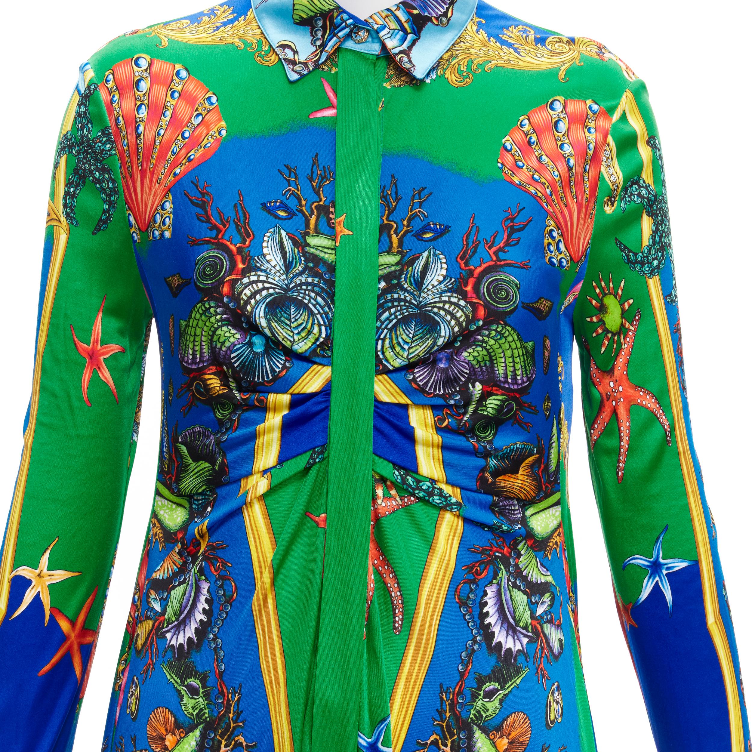 new VERSACE 2021 Tresor De La Mer green blue starfish print casual dress IT44 L For Sale 2