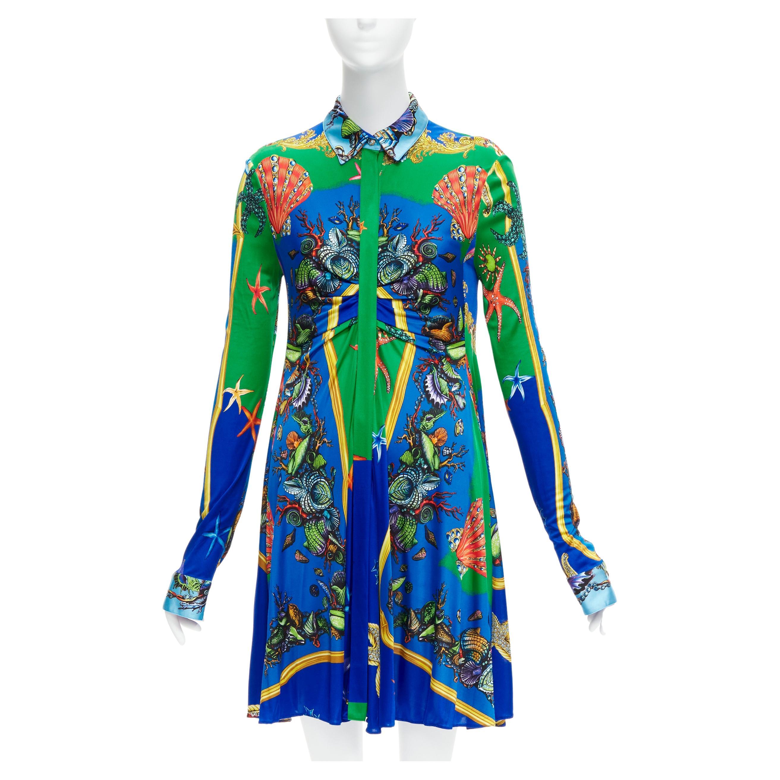 new VERSACE 2021 Tresor De La Mer green blue starfish print casual dress IT44 L For Sale