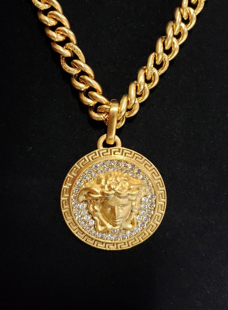 Women's or Men's New VERSACE 24K Gold plated crystal embellished chain necklace For Sale